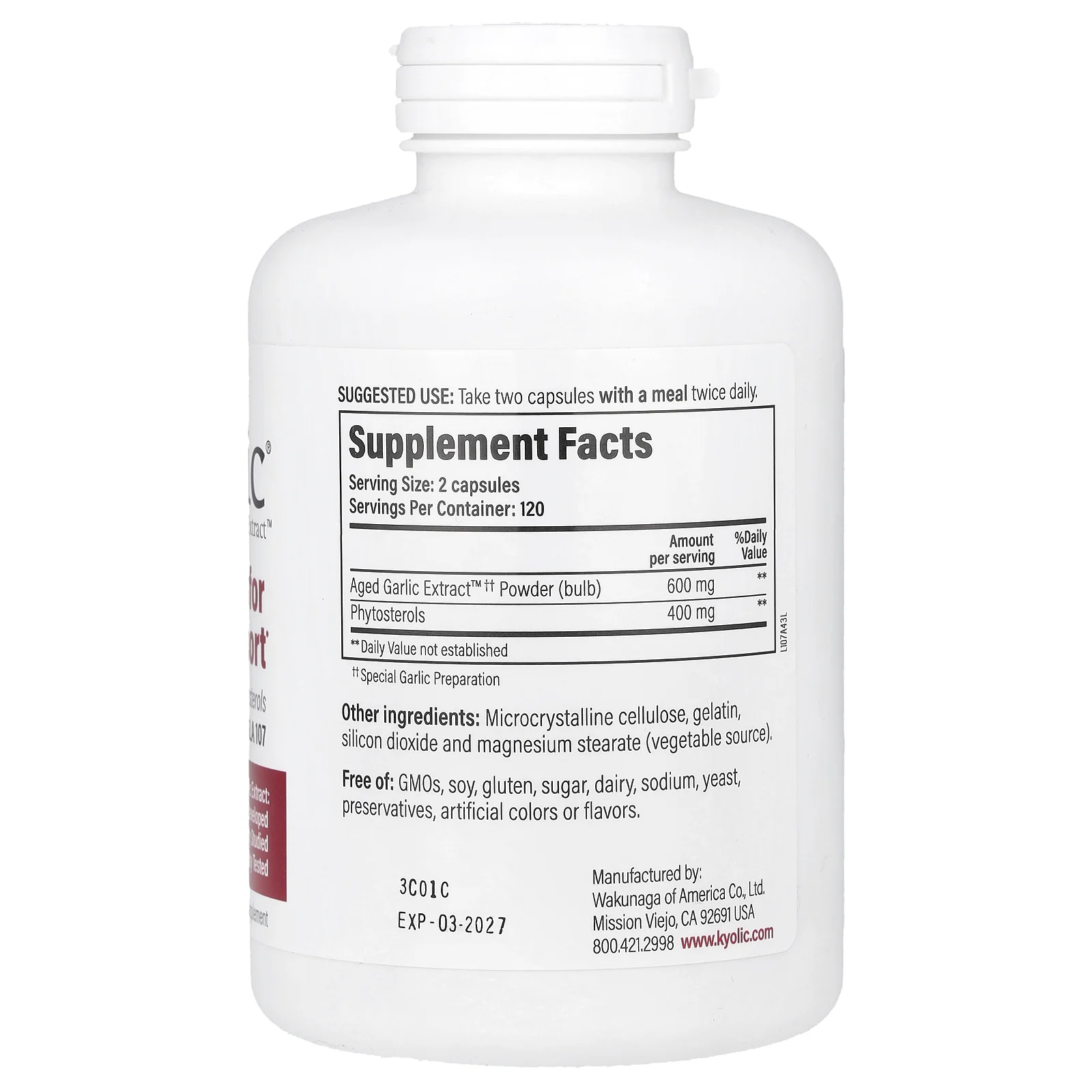Kyolic, Экстракт выдержанного чеснока, фитостеролы, формула 107, 240 капсул