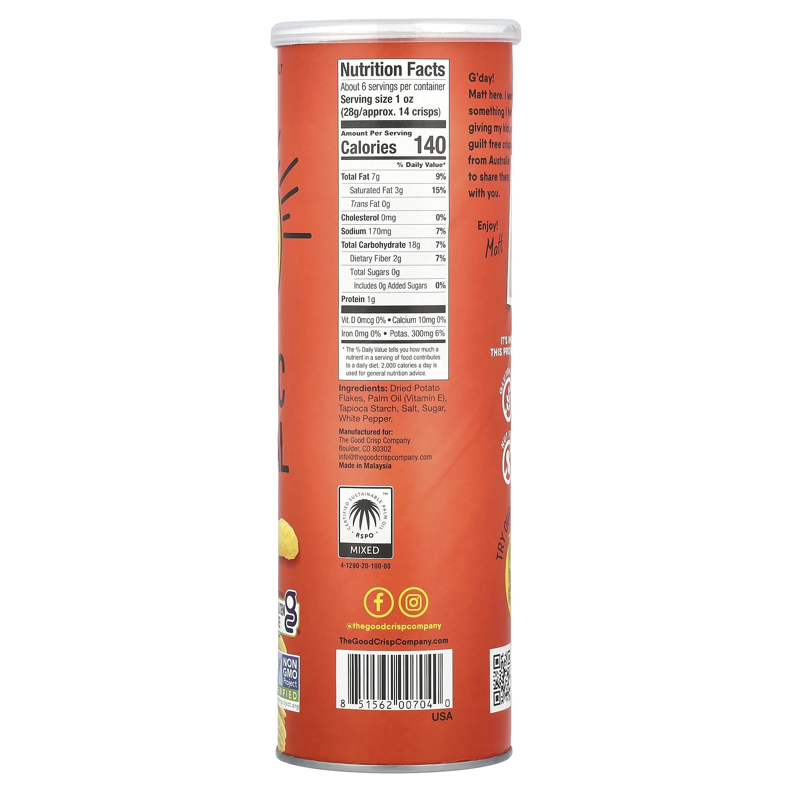 The Good Crisp Company, Картофельные чипсы, классические, оригинальные, 160 г (5,6 унции)