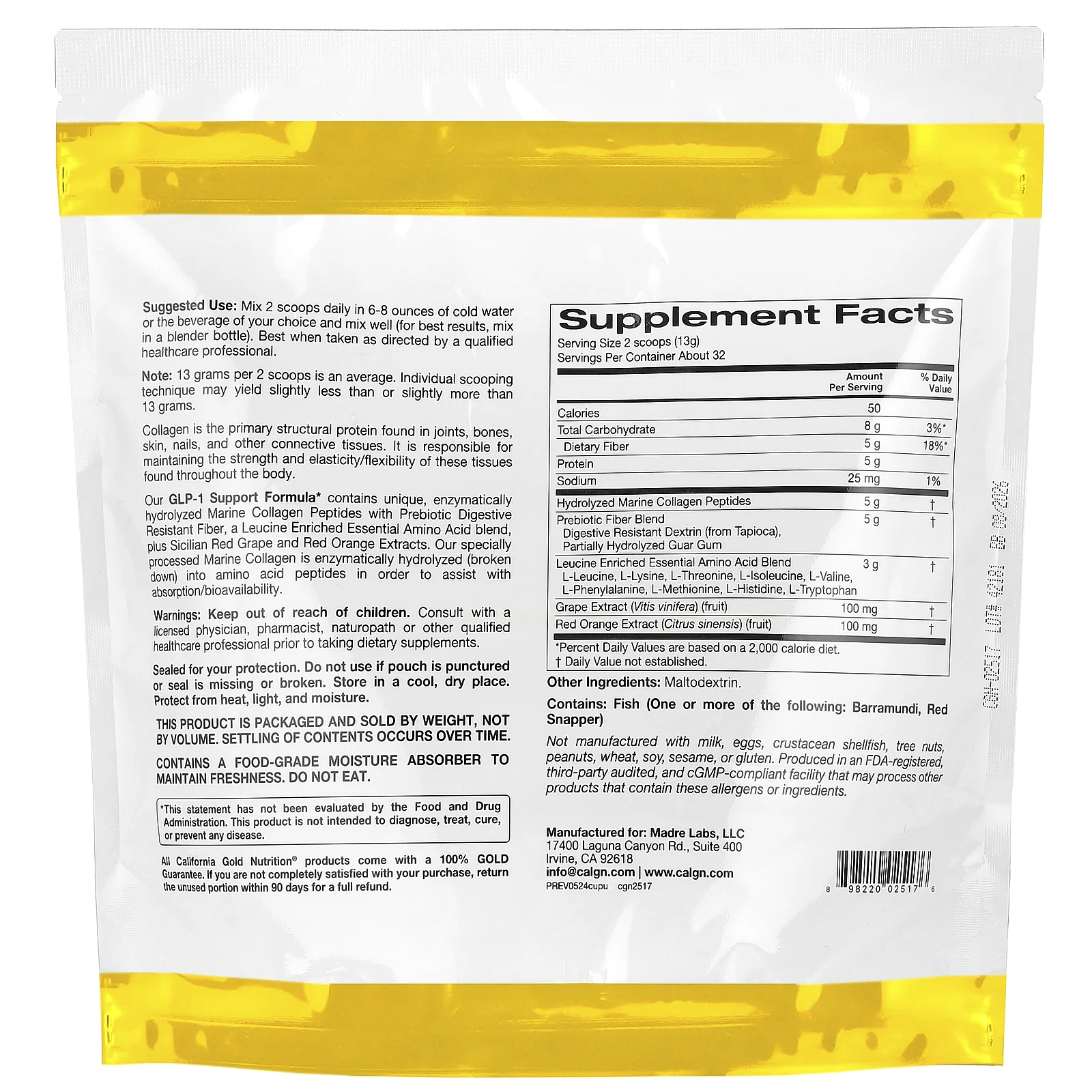 California Gold Nutrition, добавка для поддержания уровня ГПП-1 с пептидами гидролизованного морского коллагена, смесью пребиотической клетковины, устойчивой к расщеплению, и смесью незаменимых аминокислот, обогащённой лейцином, с нейтральным вкусом, 410 