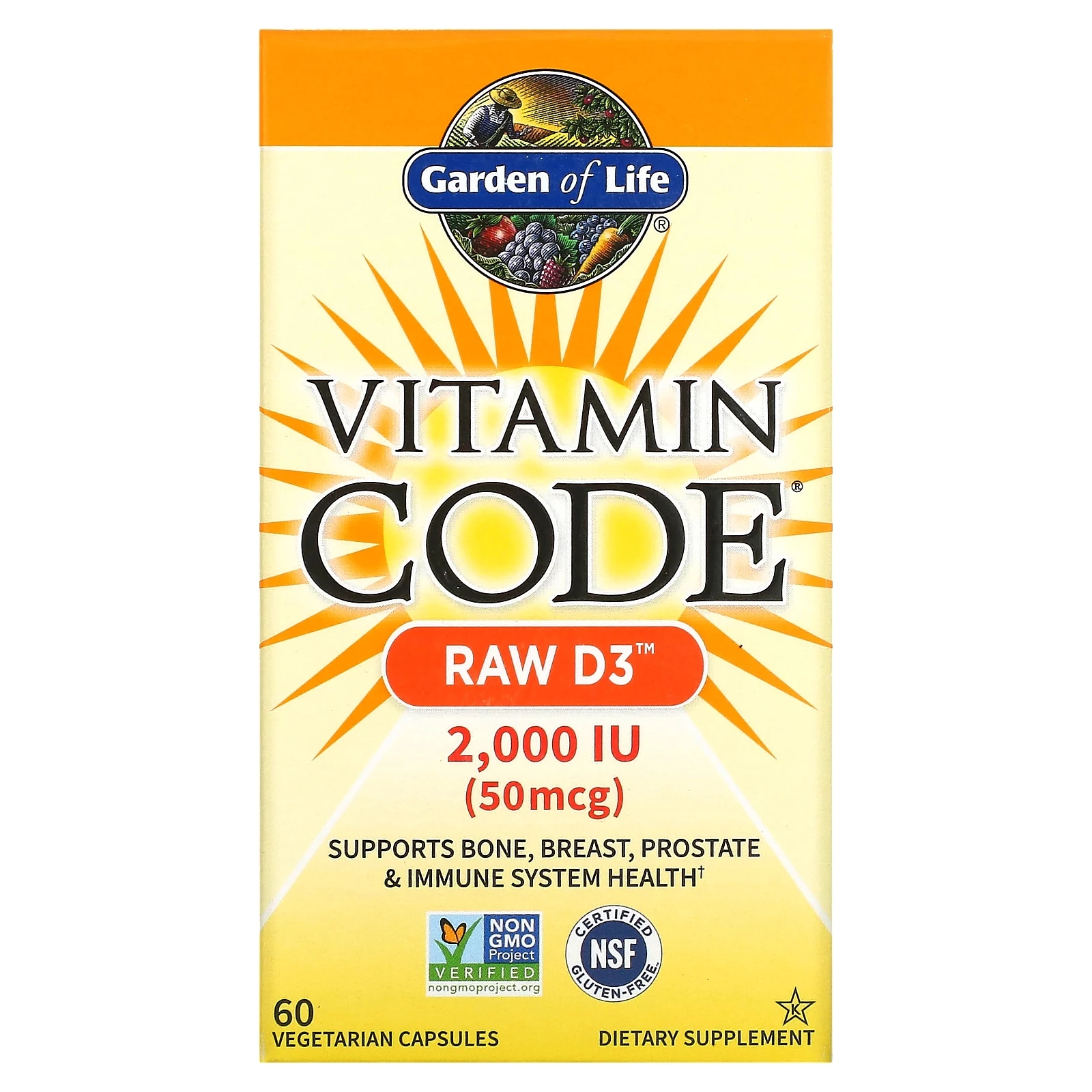Garden of Life, Vitamin Code, RAW D3, 50 мкг (2000 МЕ), 60 вегетарианских капсул