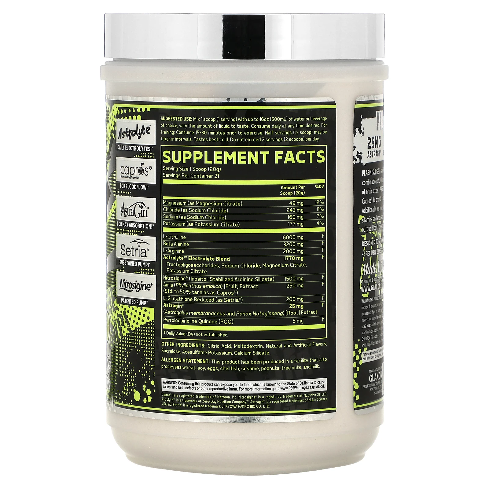 Glaxon, Plasm Surge, предтренировочный комплекс без стимуляторов, ананасовый и лимонад, 420 г (14,8 унции)