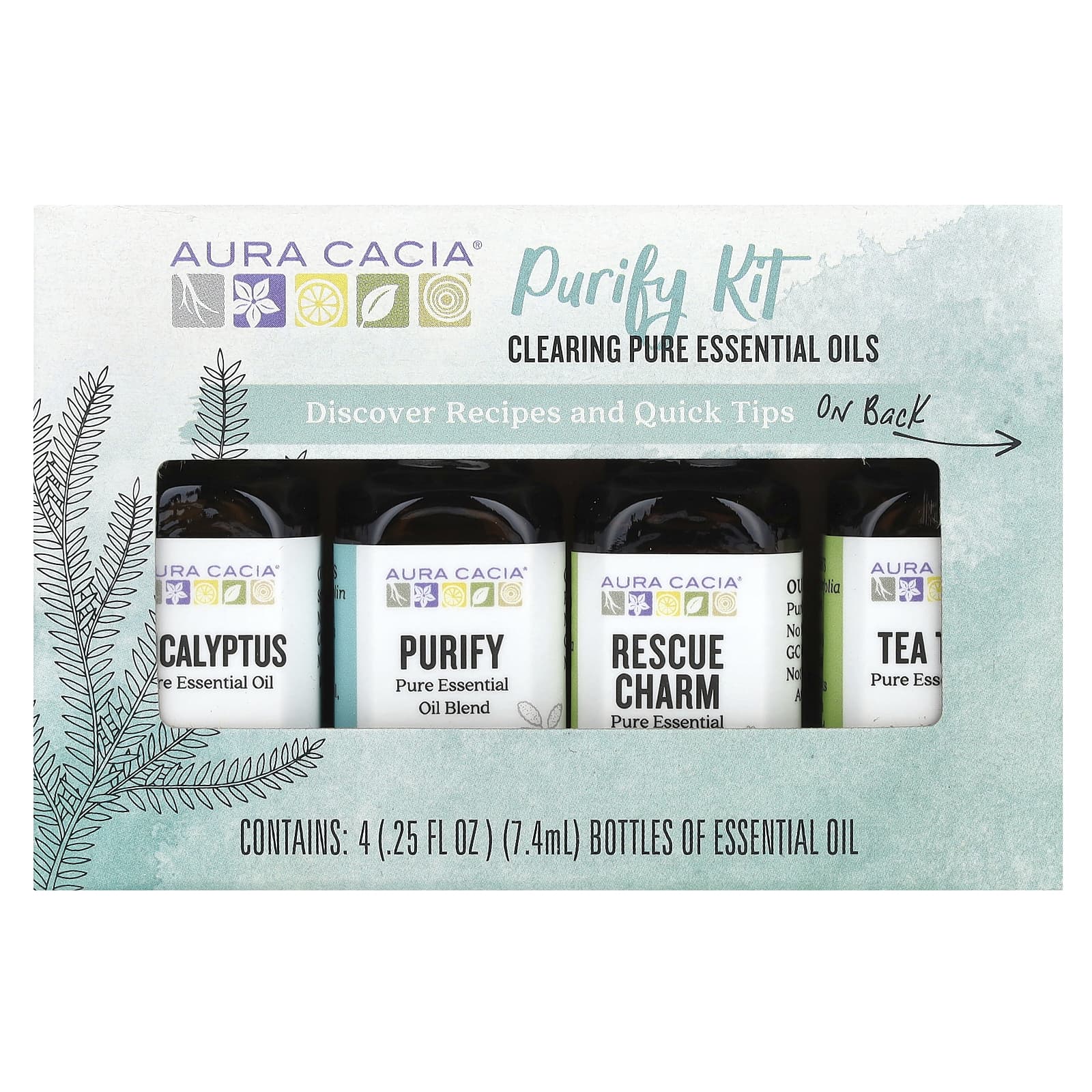 Aura Cacia, Purify Kit, очищающие чистые эфирные масла, 4 флакона по 7,4 мл (0,25 жидк. Унции)