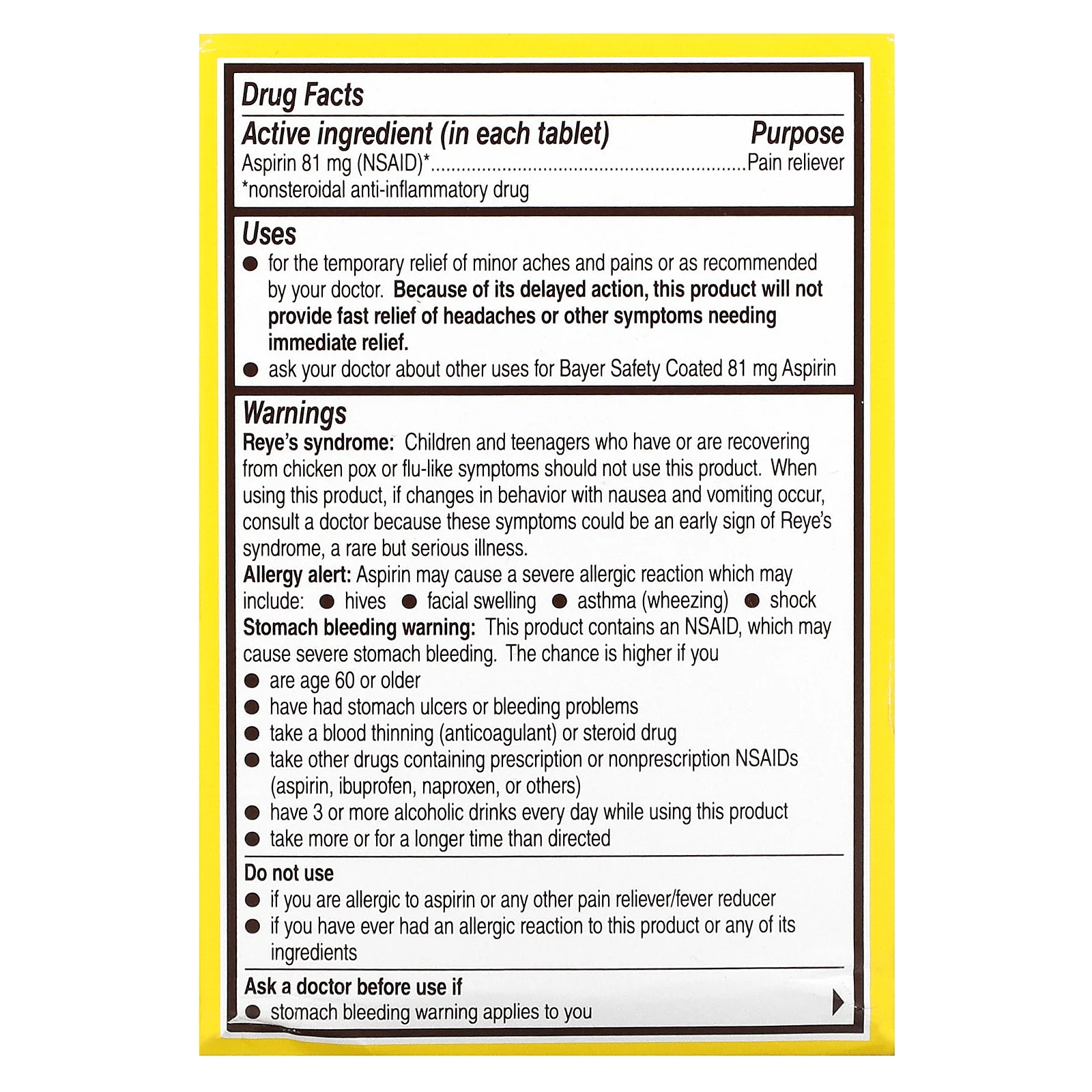 Bayer, Схема приема аспирина с безопасным покрытием, низкая доза, 81 мг, 120 таблеток, покрытых кишечнорастворимой оболочкой