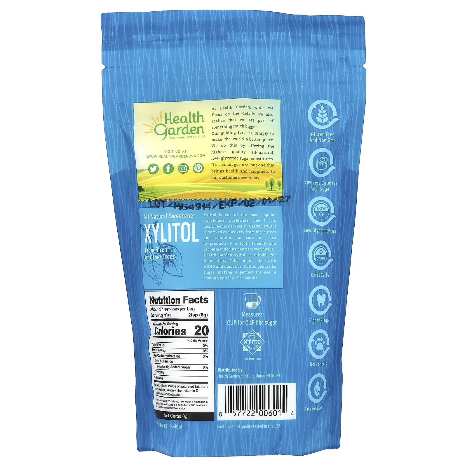 Health Garden, Полностью натуральный березовый ксилитол, подсластитель, 453 г (16 унций)