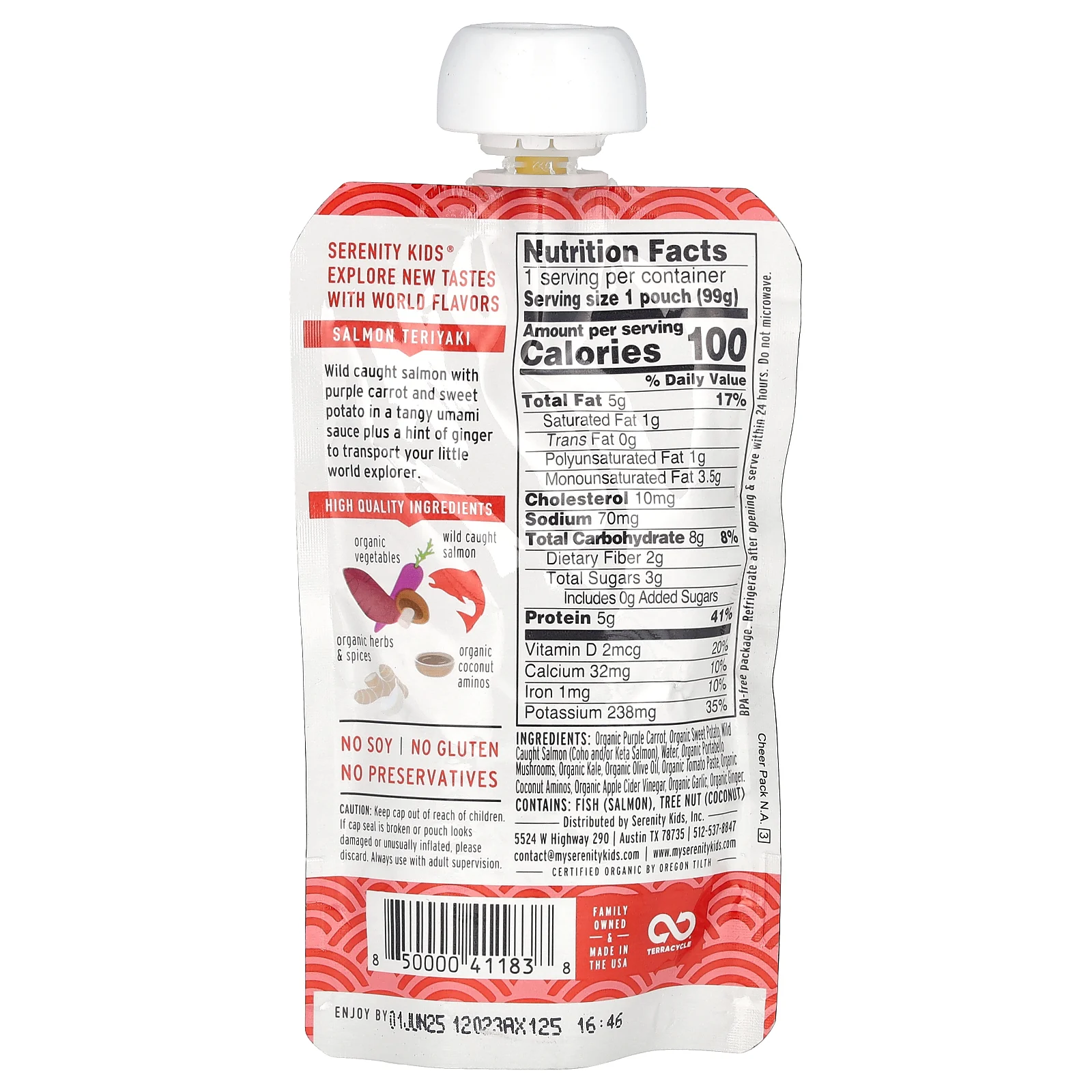 Serenity Kids, лосось терияки с бататом, фиолетовой морковью и аминокислотами из кокоса, для детей от 6 месяцев, 99 г (3,5 унции)