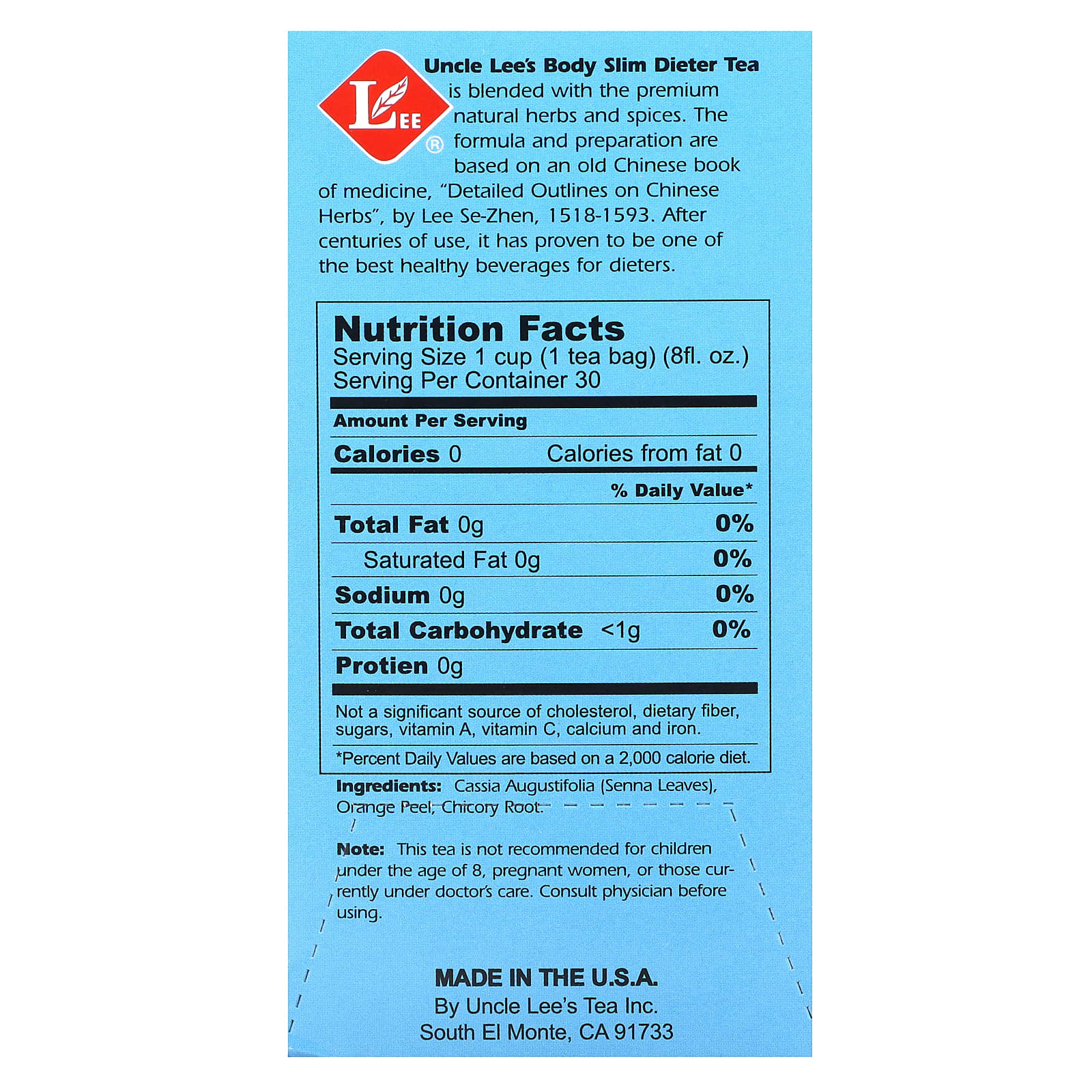 Uncle Lee's Tea, диетический чай для стройного тела, с оригинальным вкусом, без кофеина, 30 чайных пакетиков, 60 г (2,12 унции)