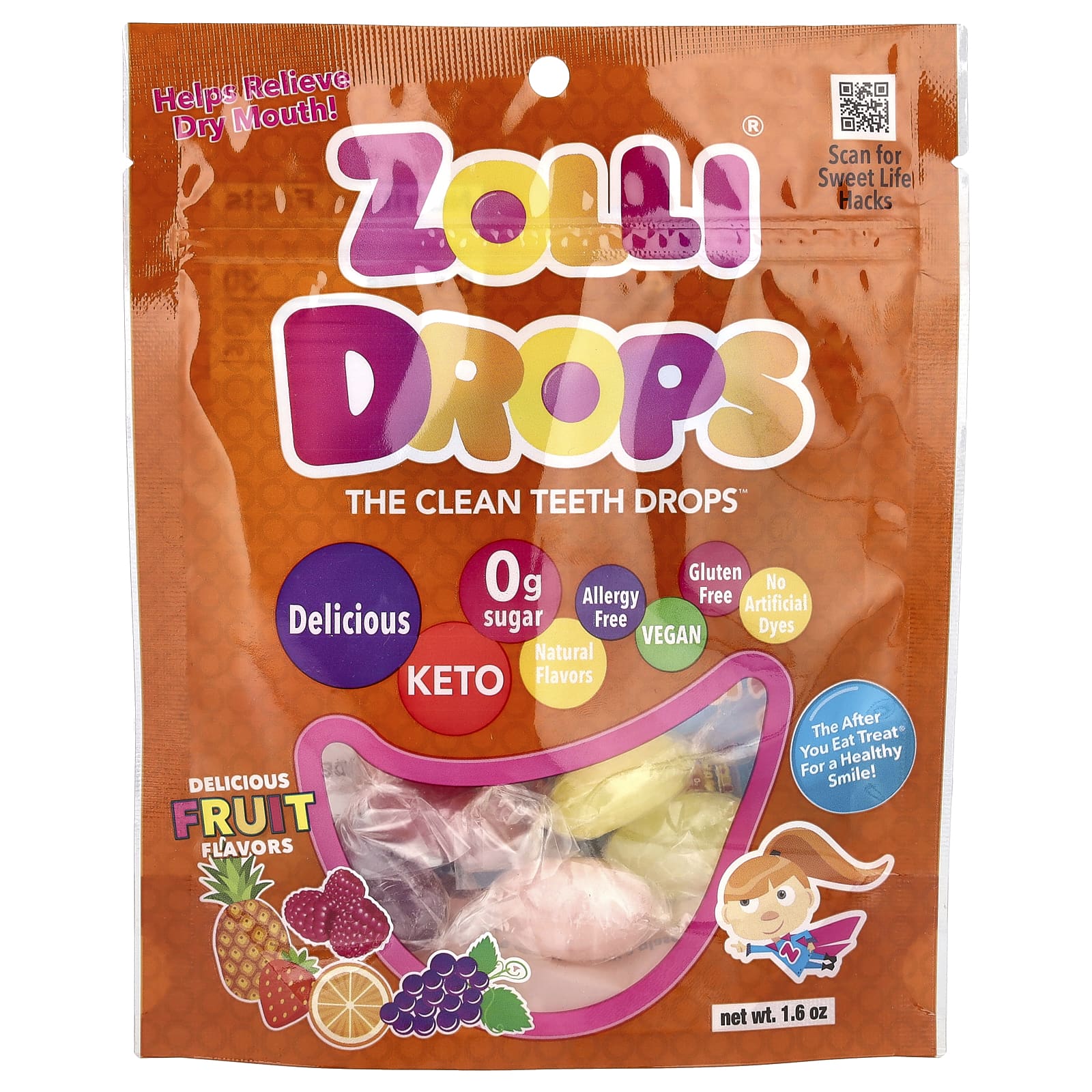 Zollipops, Zolli Drops, леденцы для чистки зубов, со вкусом фруктов, 15+ леденцов Zolli, 45 г (1,6 унции)