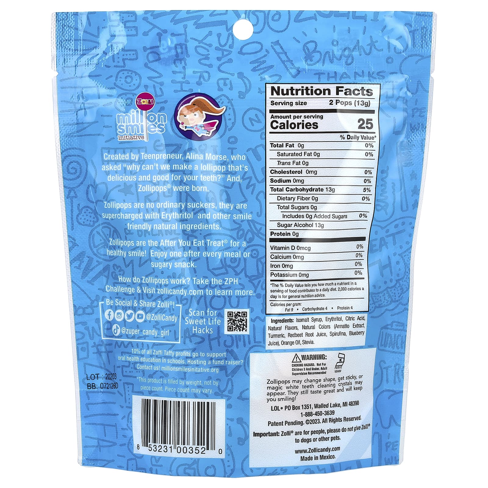 Zollipops, леденцы для чистки зубов со вкусом фруктов, прибл. 13–15 леденцов, 88 г (3,1 унции)