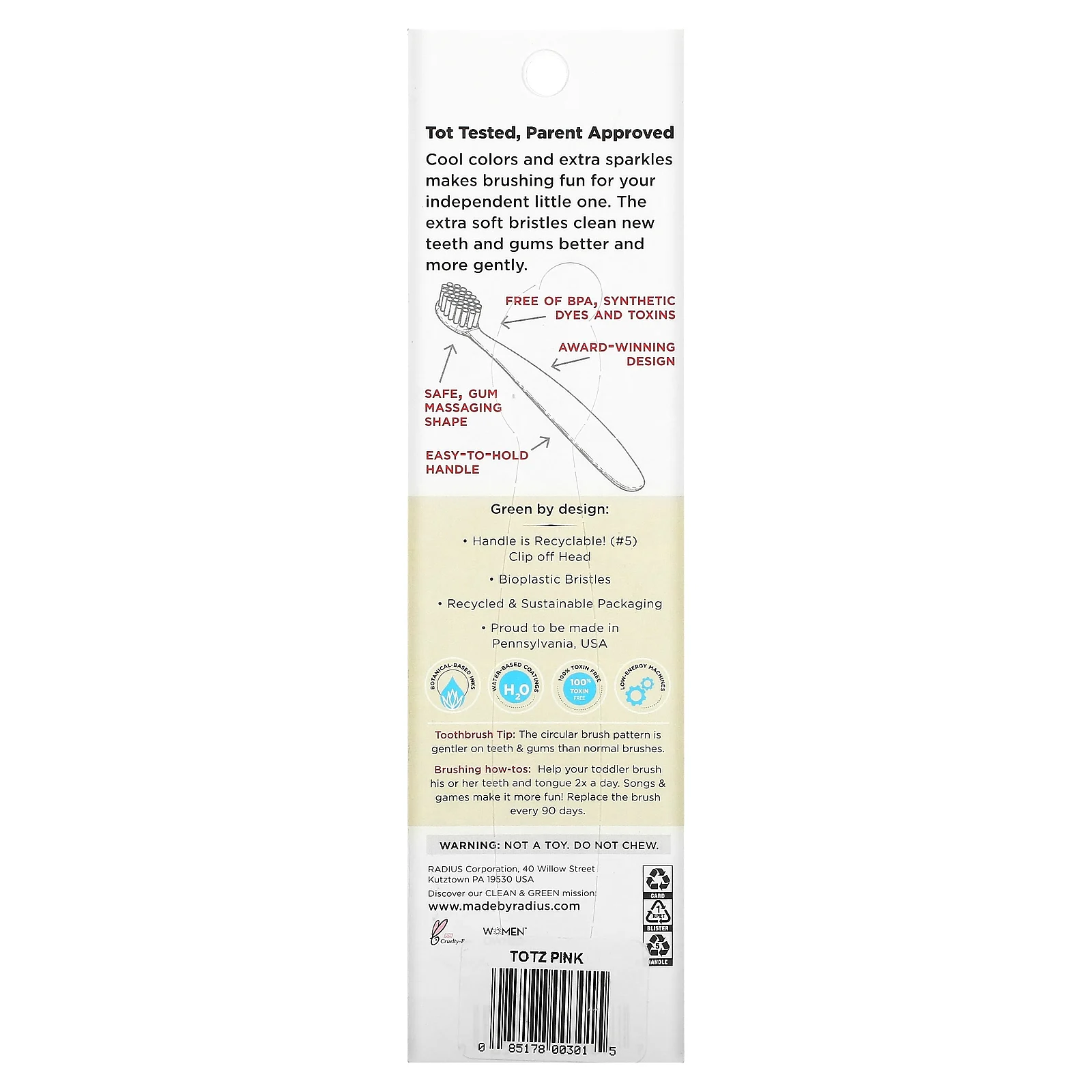 RADIUS, Зубная щетка Totz для детей старше 18 месяцев, очень мягкая, розовая с блестками, 1 зубная щетка