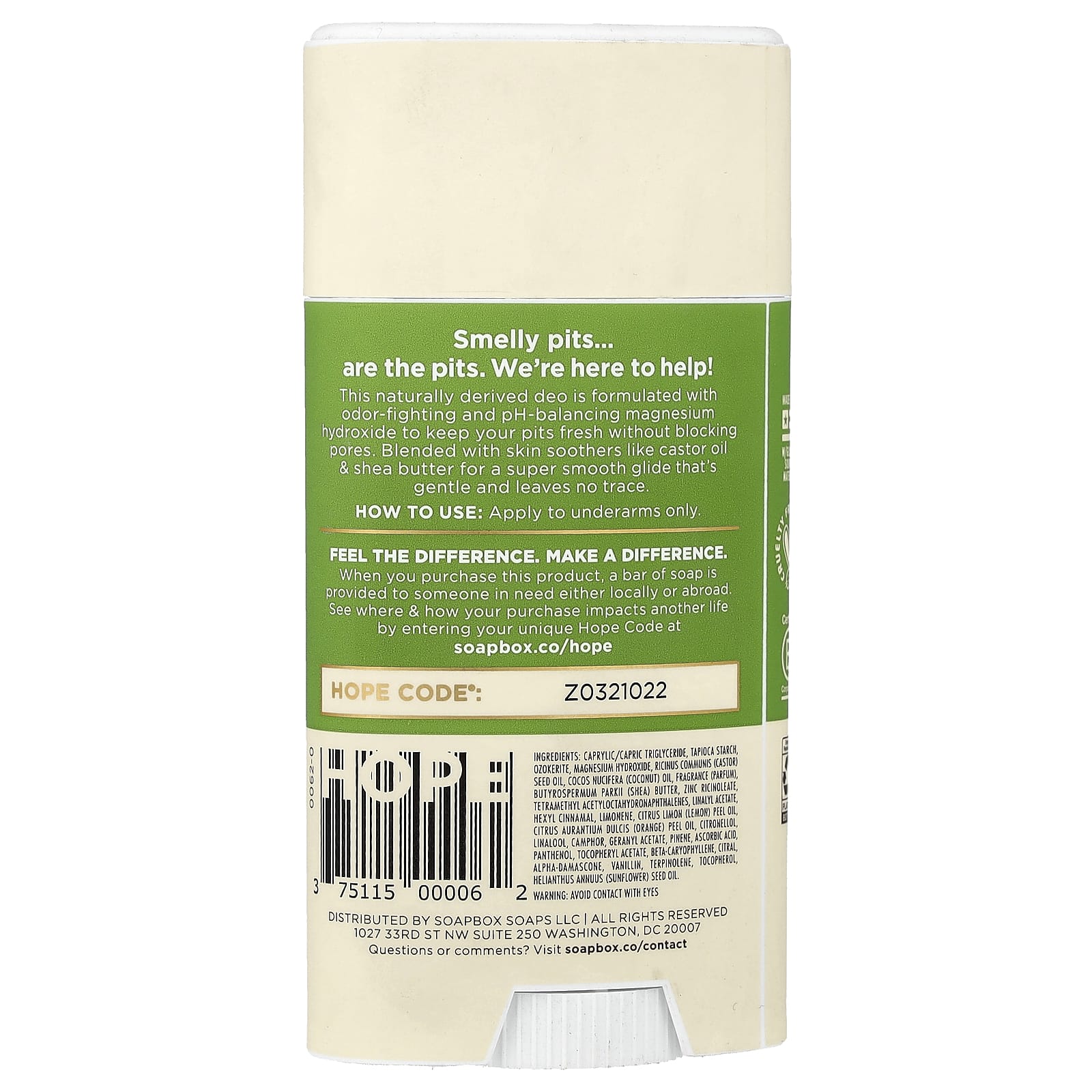 Soapbox, дезодорант без алюминия, бергамот и цитрус, 75 г (2,65 унции)