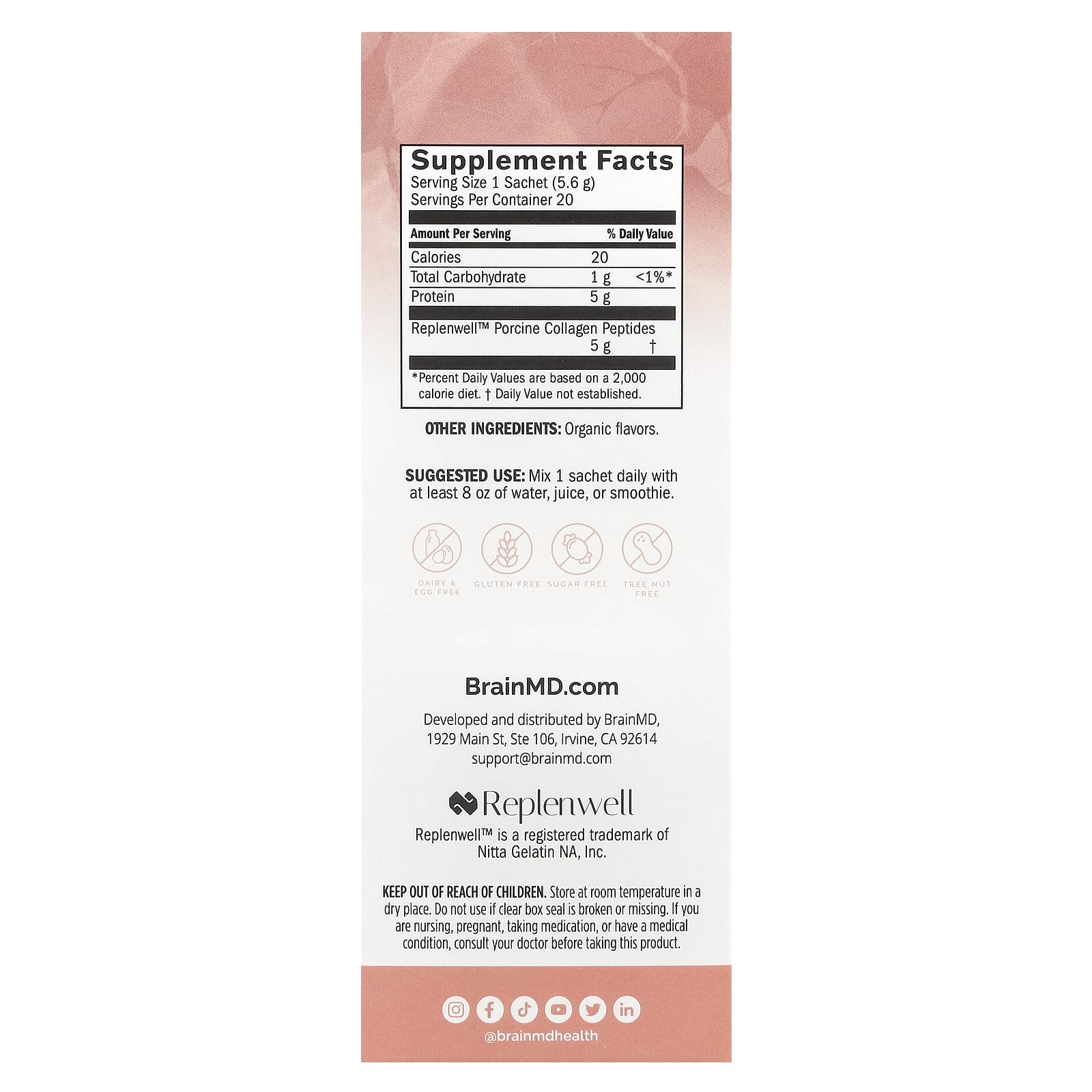 BrainMD, Smart Collagen, ванильная эссенция, 20 пакетиков по 5,6 г