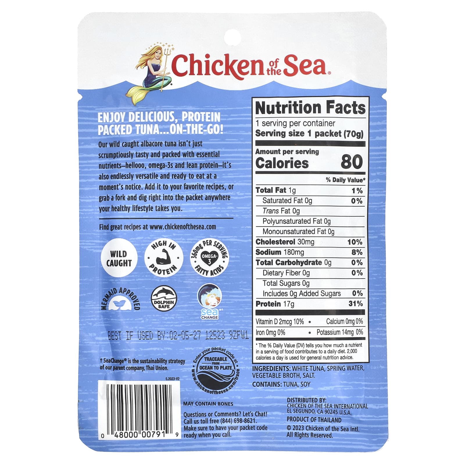 Chicken of the Sea, Albacore из дикой рыбы, белый тунец в воде, 70 г (2,5 унции)