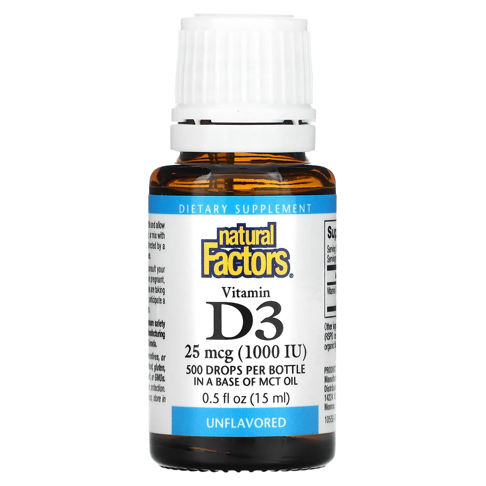 Natural Factors, Витамин D3 в каплях, без ароматизаторов, 25 мкг (1000 МЕ), 15 мл (0,5 жидкой унции)