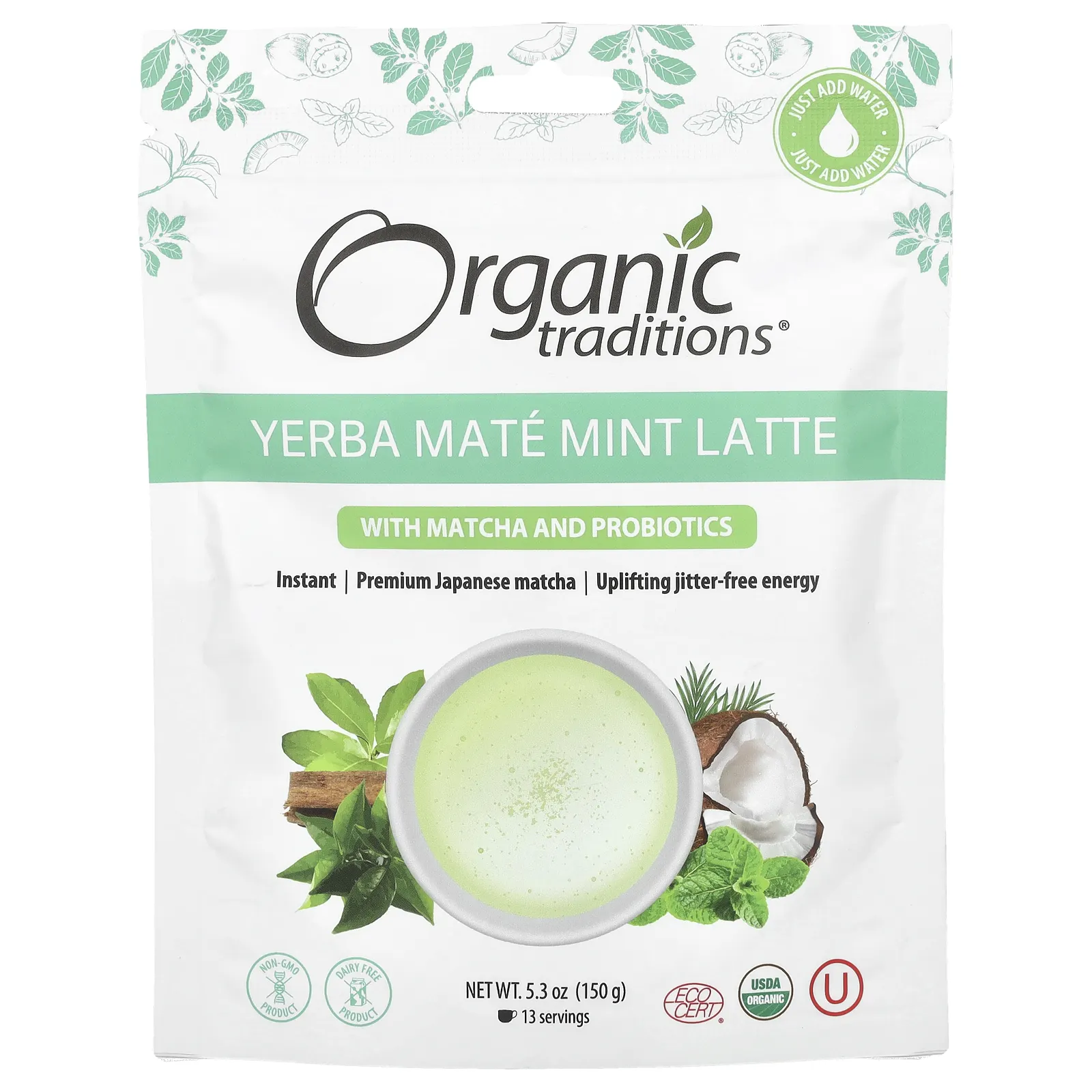 Organic Traditions, Мятный латте Yerba Mate с матча и пробиотиками, 150 г (5,3 унции)