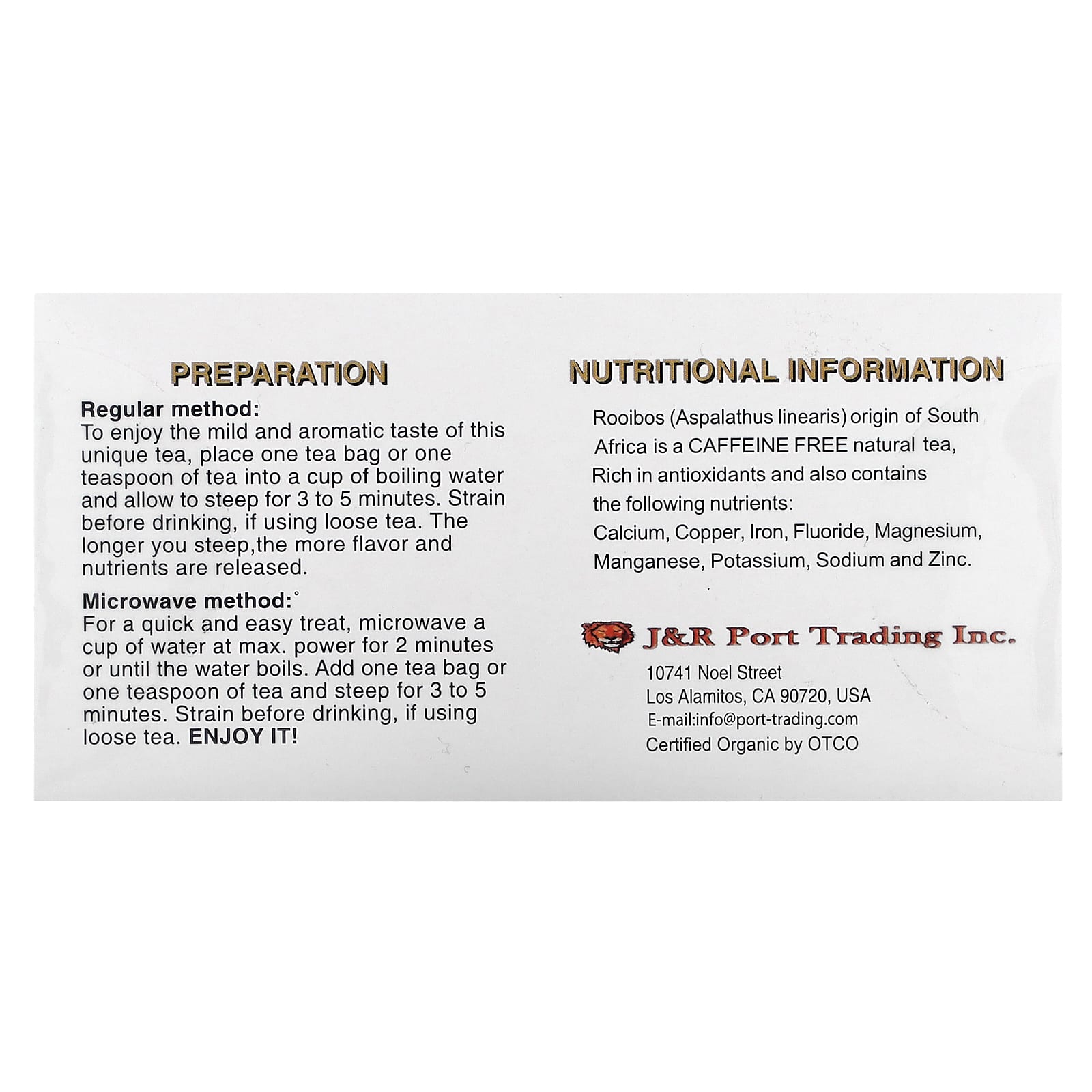 J&R Port Trading, красный чай ройбуш, без кофеина, 20 чайных пакетиков, 50 г (1,765 унции)