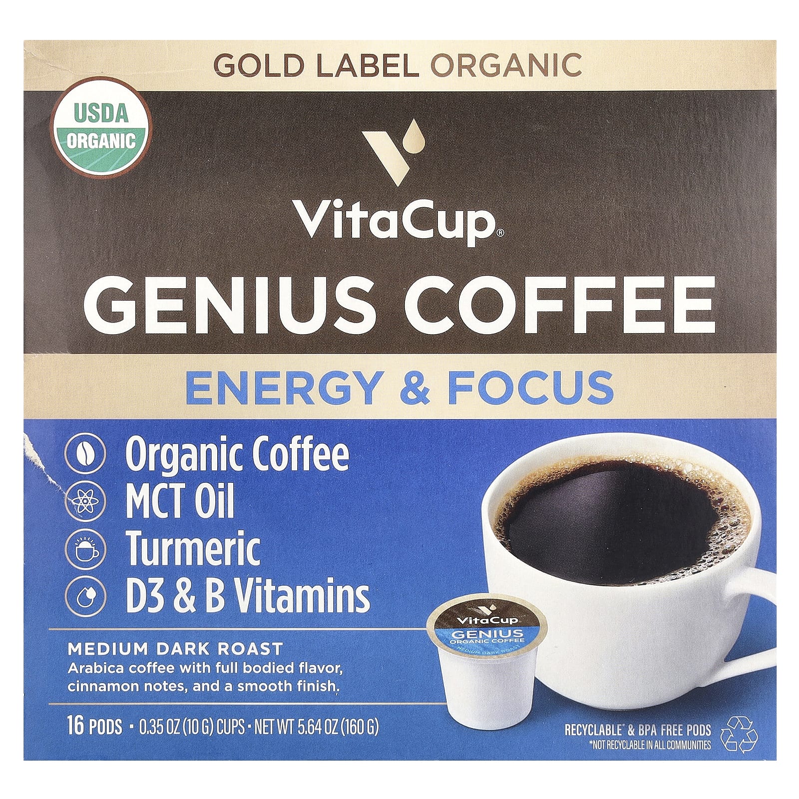 VitaCup, Genius Coffee, средней обжарки, 16 чашек по 12 г (0,42 унции)
