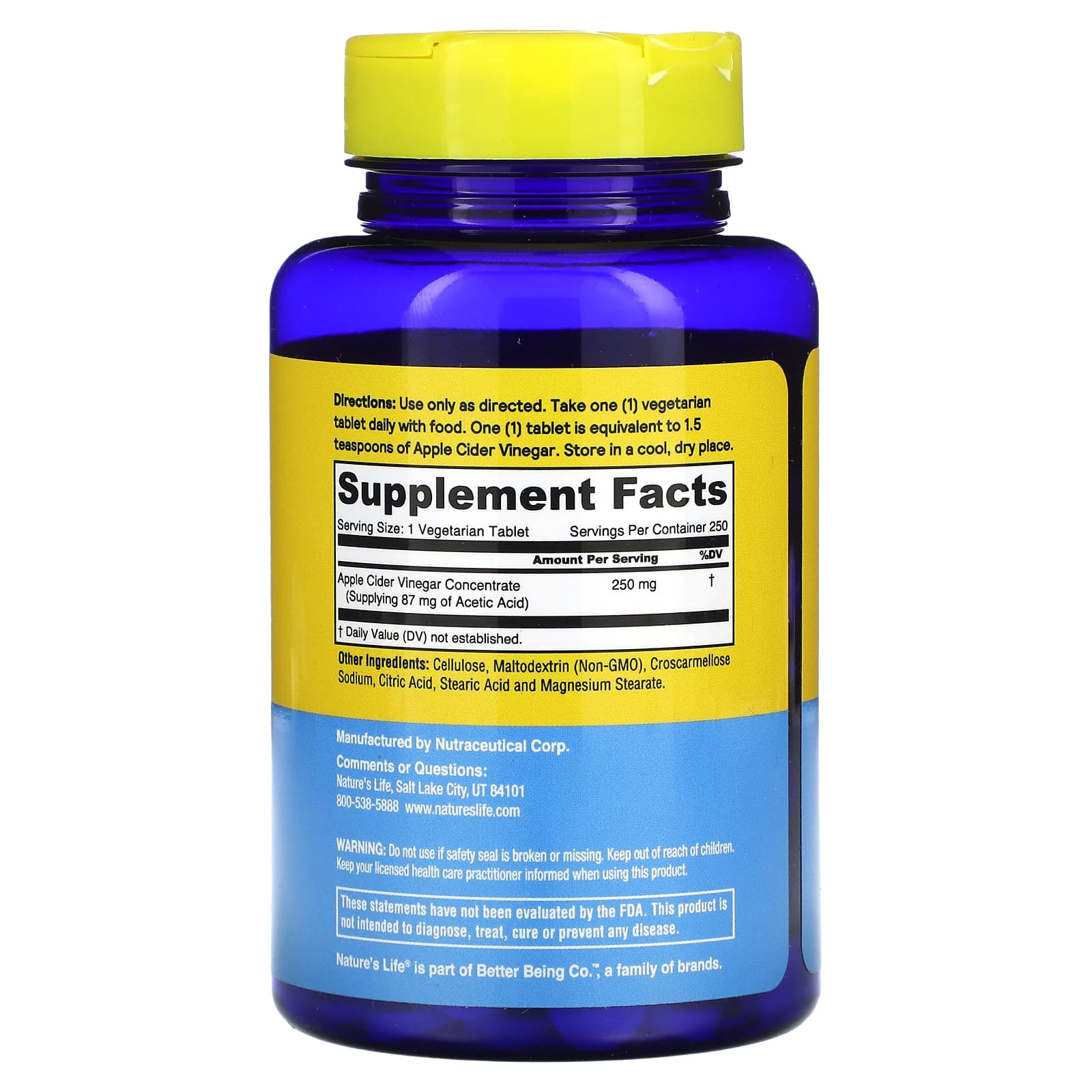 Nature's Life, яблочный уксус, 250 мг, 250 таблеток