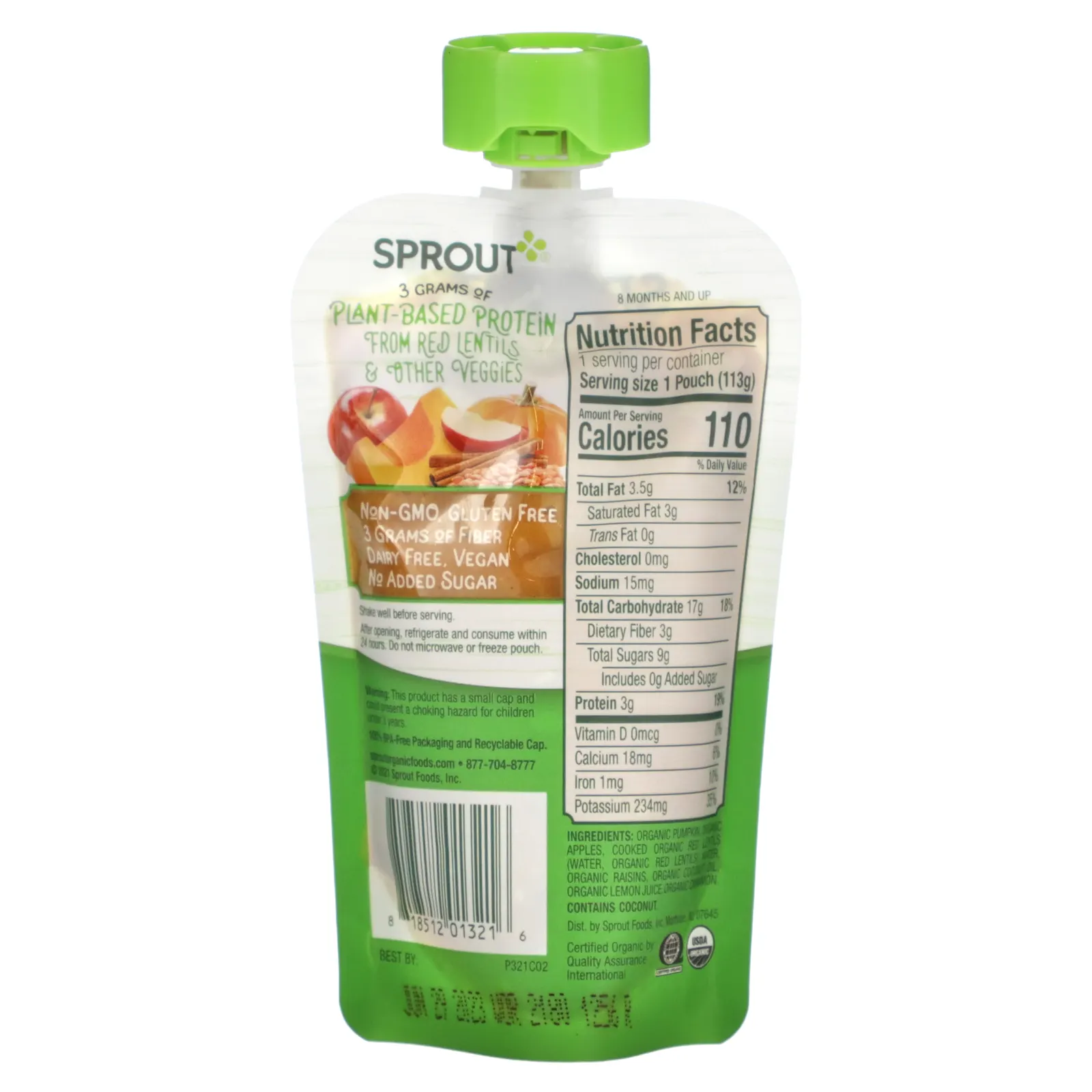 Sprout Organics, Детское питание, от 8 месяцев, тыква, яблоко, красная чечевица с корицей, 113 г (4 унции)