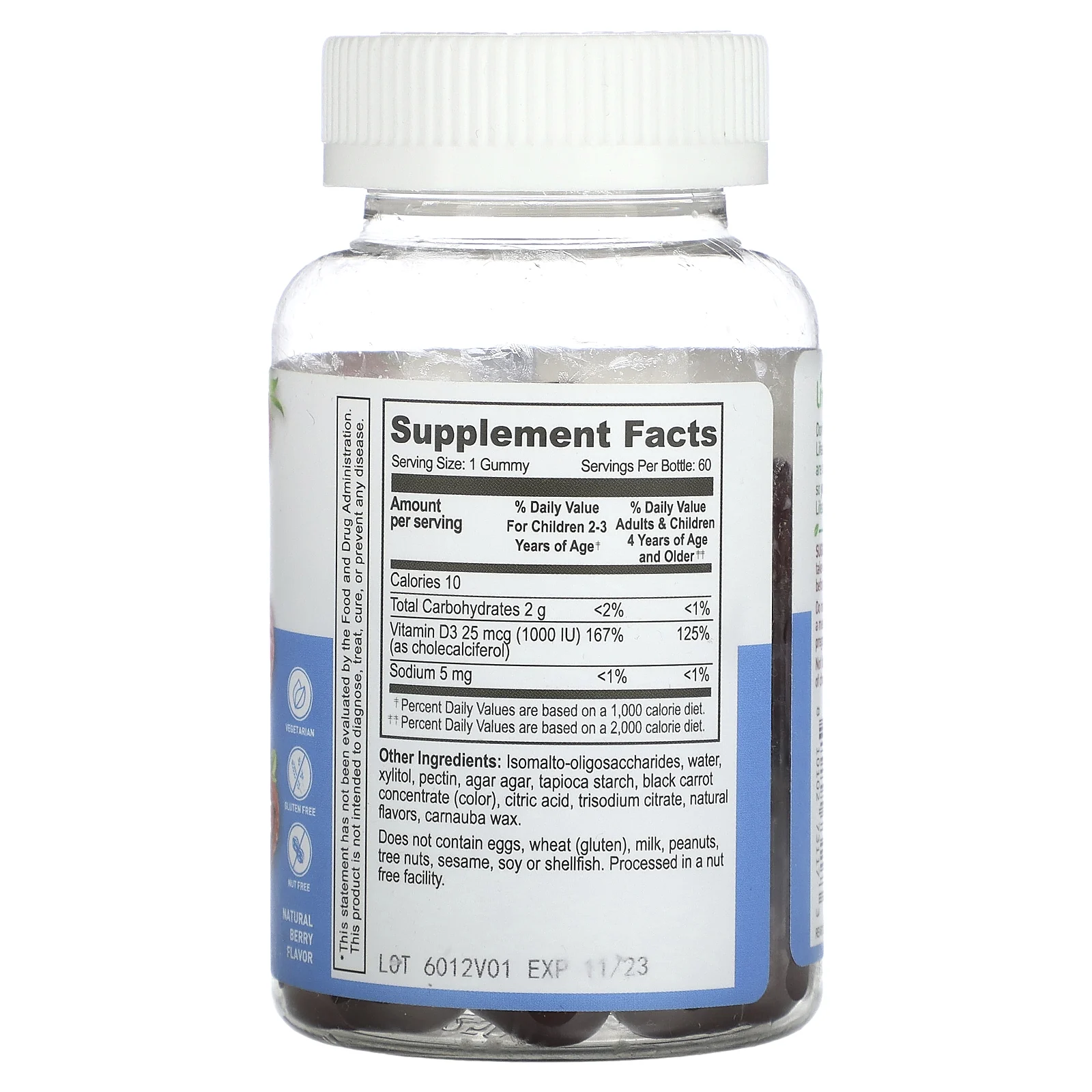 Lifeable, жевательный витамин D3, без сахара, натуральные ягоды, 25 мкг (1000 МЕ), 60 жевательных таблеток