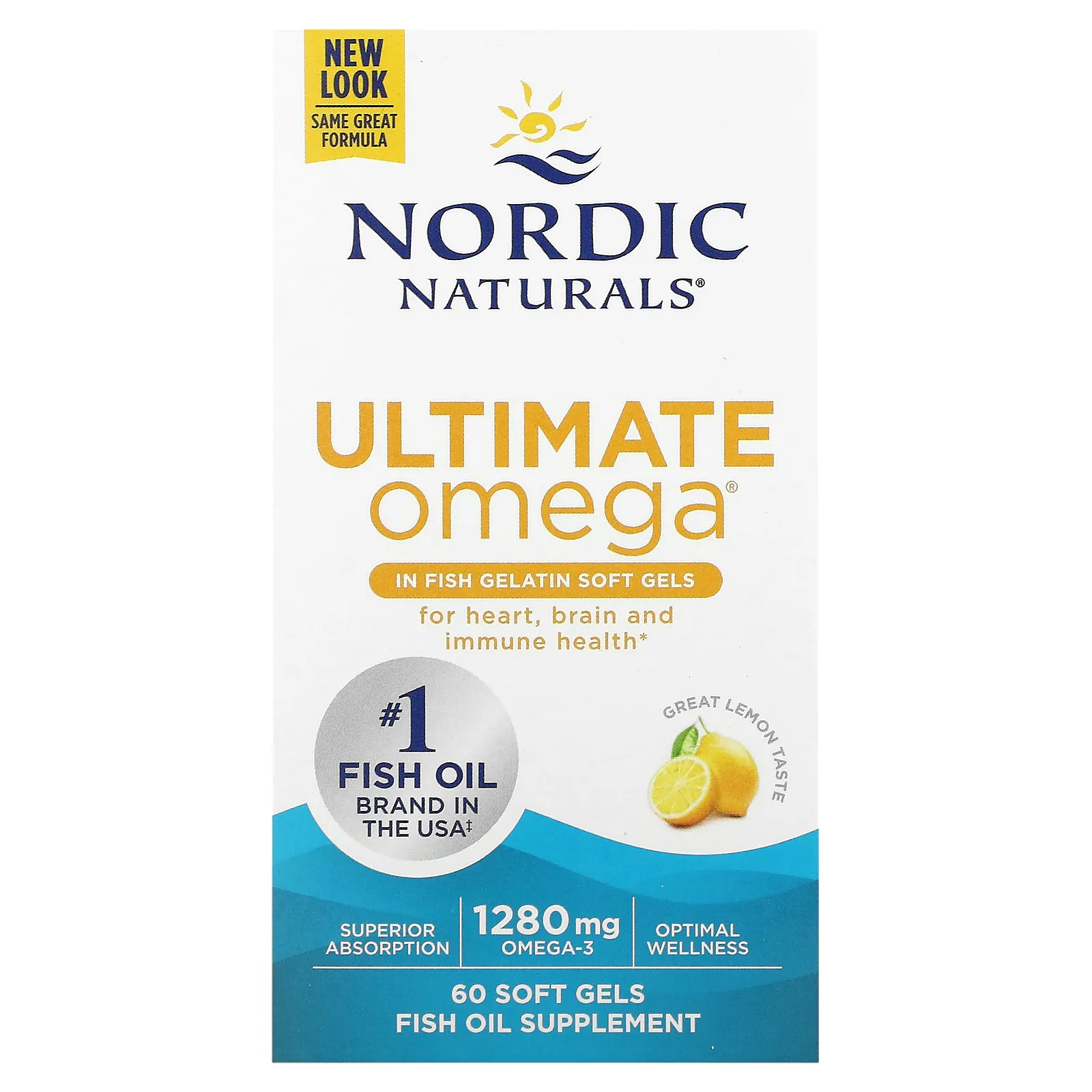 Nordic Naturals, Ultimate Omega, высокоэффективные омега-3 кислоты, со вкусом лимона, 1280 мг, 60 капсул из рыбьего желатина (640 мг в 1 капсуле)