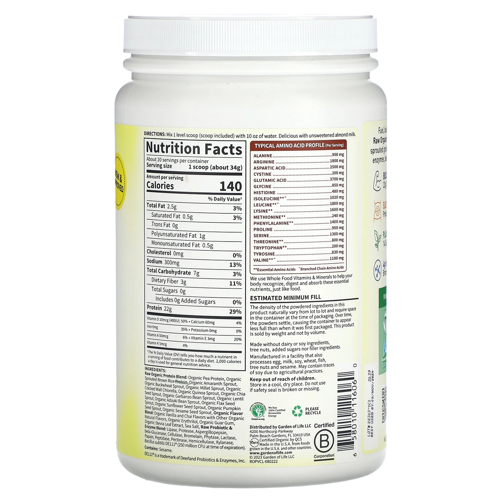 Garden of Life, RAW Organic Protein, органический протеин на растительной основе, ваниль и чай, 680 г (1 фунт, 7,98 унции)