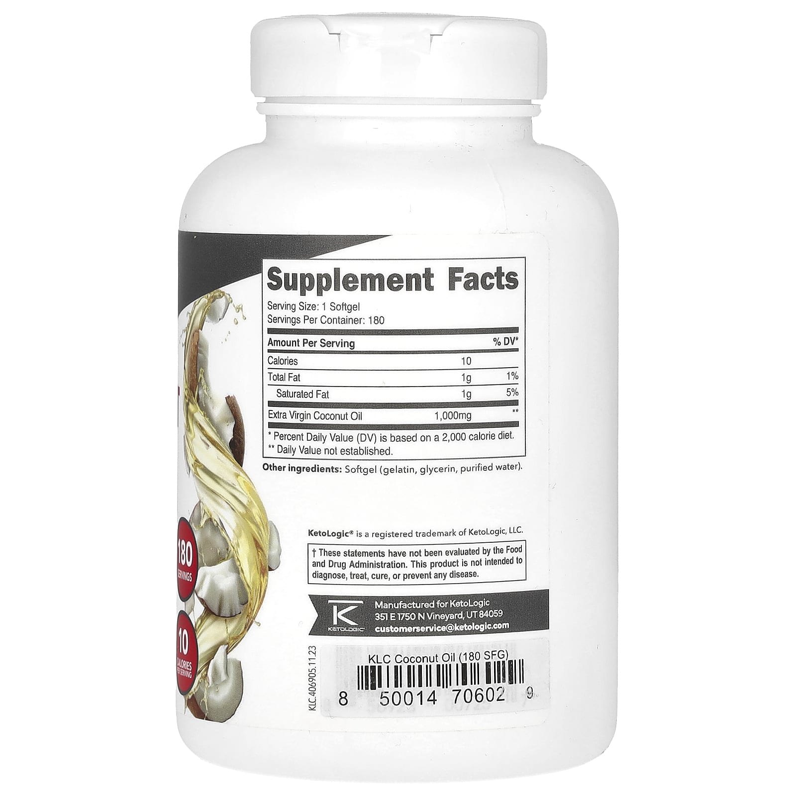 KetoLogic, нерафинированное кокосовое масло высшего качества, 1000 мг, 180 капсул