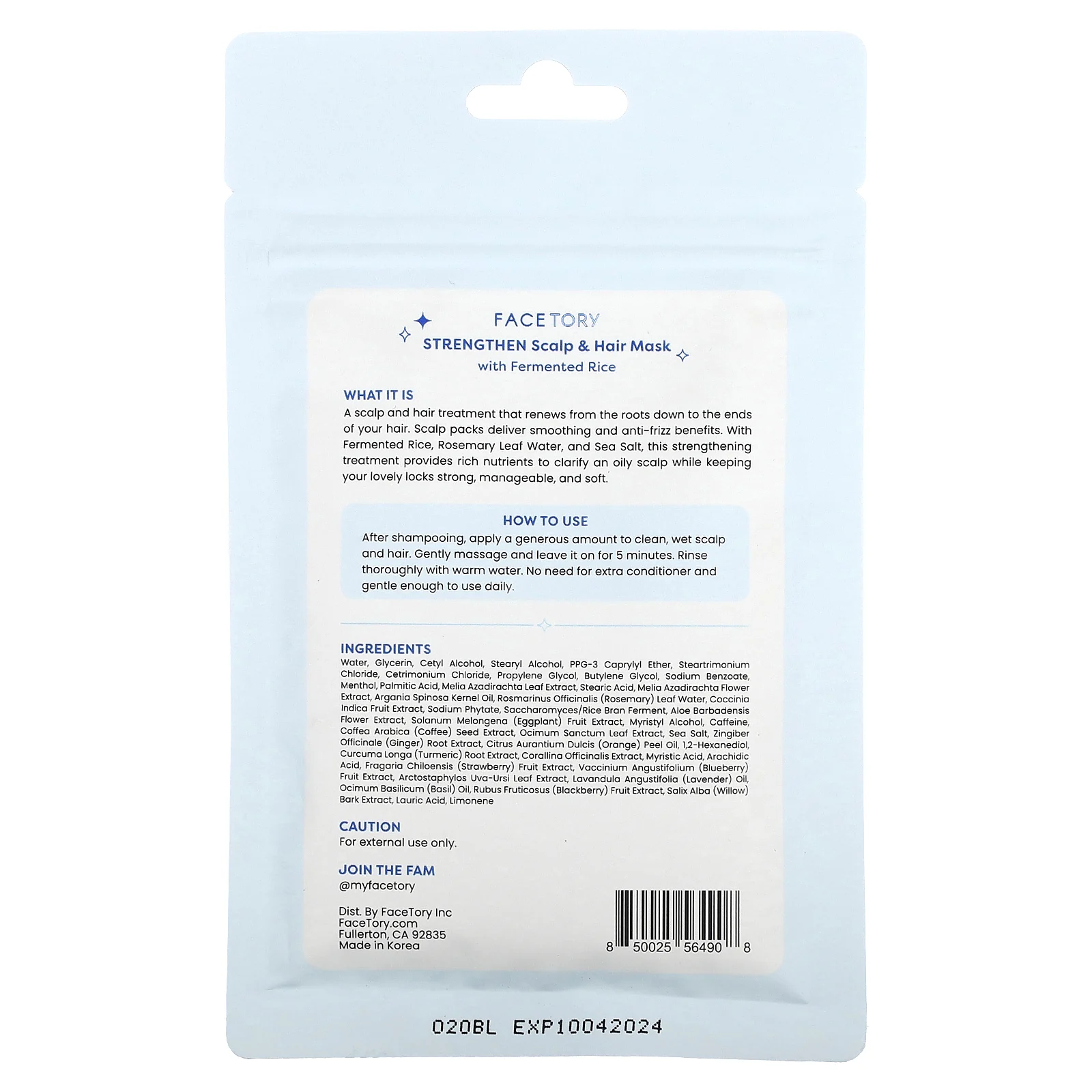 FaceTory, Strengthen, маска для кожи головы и волос с ферментированным рисом, 50 мл (1,69 жидк. Унции)