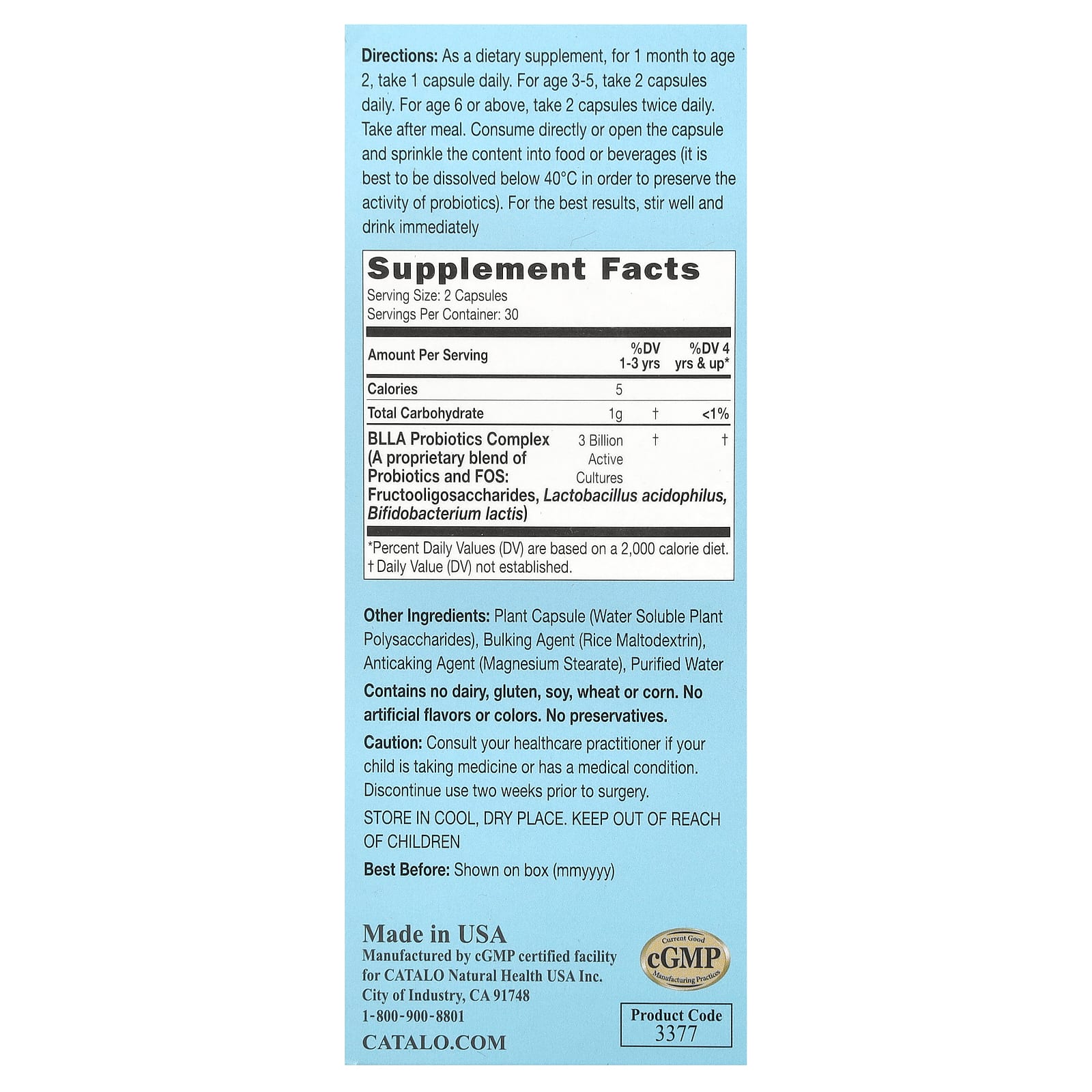 Catalo Naturals, Детские пробиотики, формула для улучшения пищеварения и иммунитета, от 1 месяца, 3 миллиарда КОЕ, 60 вегетарианских капсул