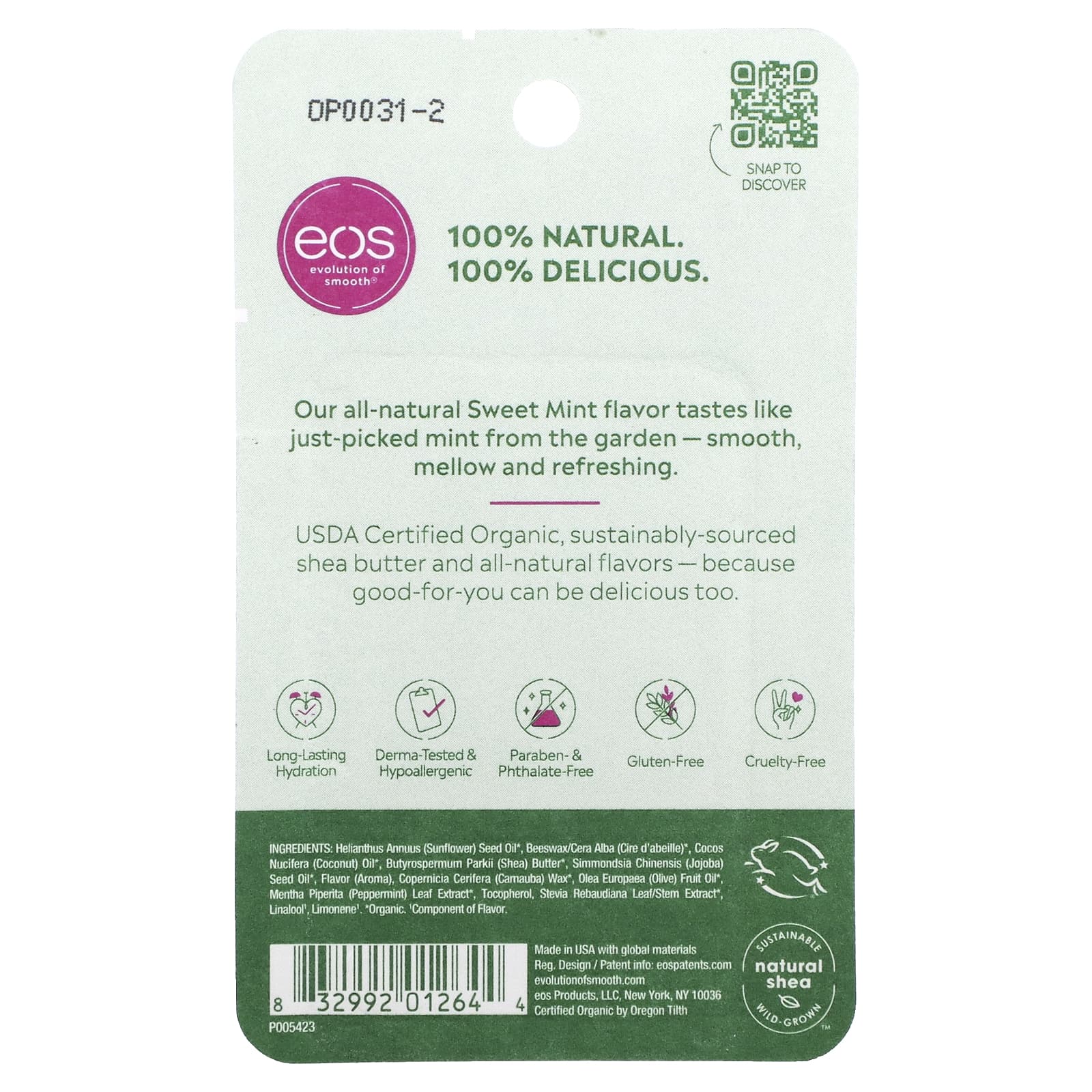 EOS, 100% органический натуральный бальзам для губ с маслом ши, сладкая мята, 2 шт. в упаковке, 4 г (0,14 унции)