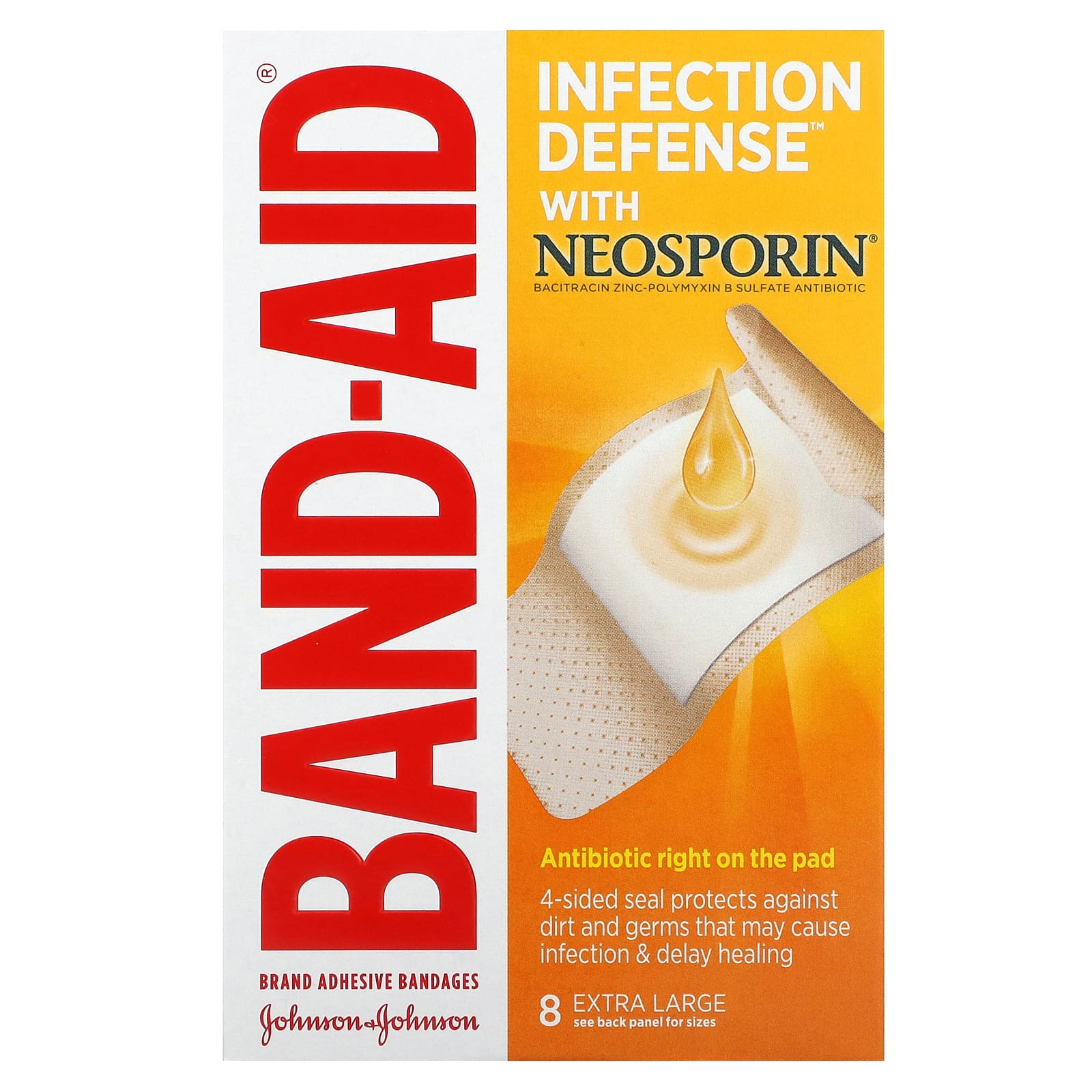 Band Aid, лейкопластыри, защита от инфекций с Neosporin, очень большая, 8 повязок
