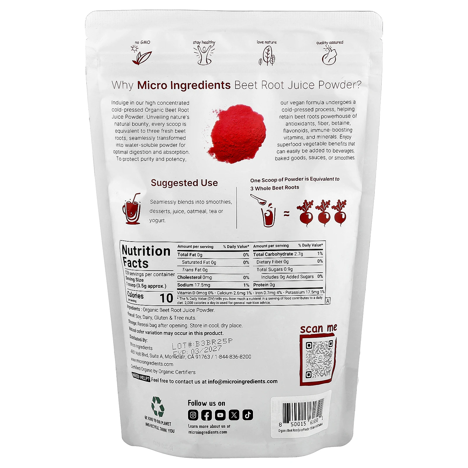 Micro Ingredients, Порошок из органического свекольного сока, 454 г (1 фунт)