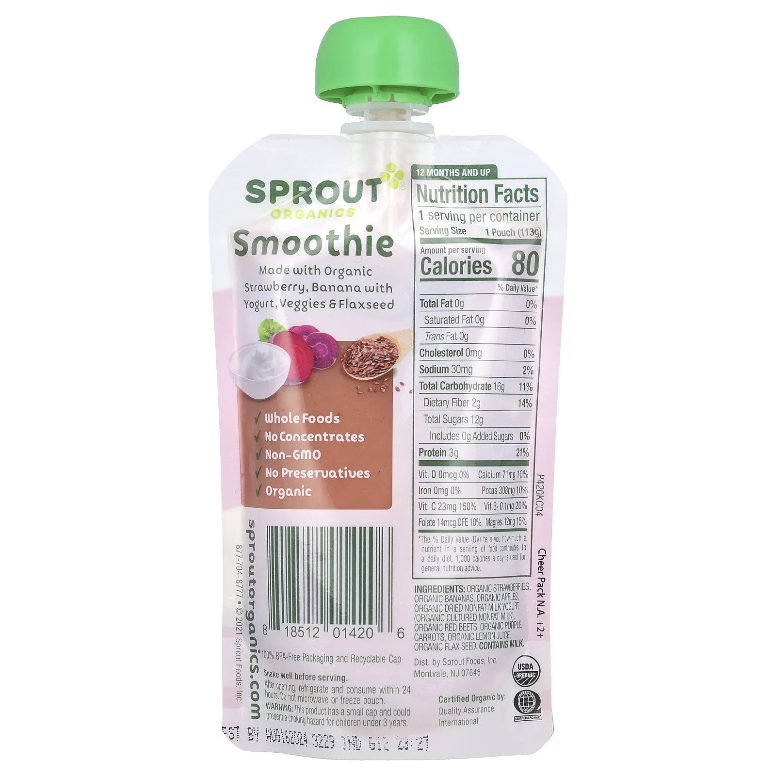 Sprout Organics, детское питание, смузи, от 12 месяцев и старше, клубника и банан с йогуртом, овощи и семена льна, 113 г (4 унции)