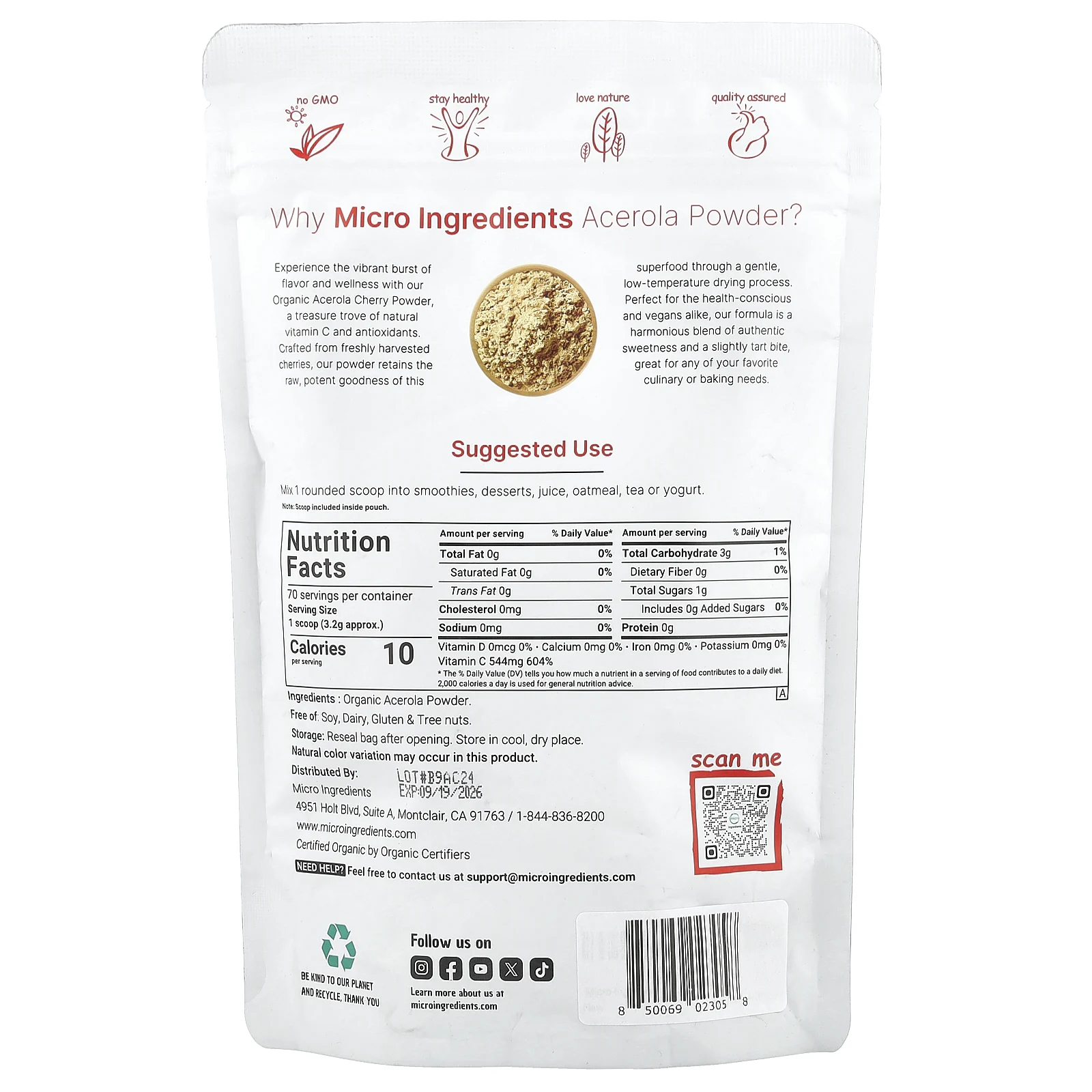 Micro Ingredients, Органическая ацерола в порошке, 227 г (8 унций)