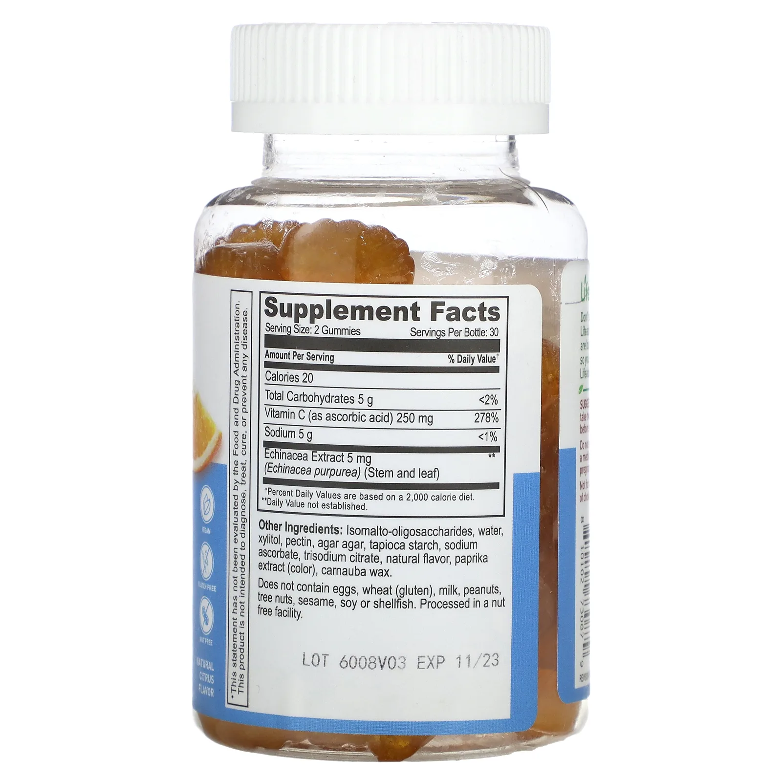 Lifeable, жевательные таблетки с витамином C и эхинацеей, без сахара, натуральный цитрус, 250 мг, 60 жевательных таблеток (125 мг в 1 жевательной таблетке)