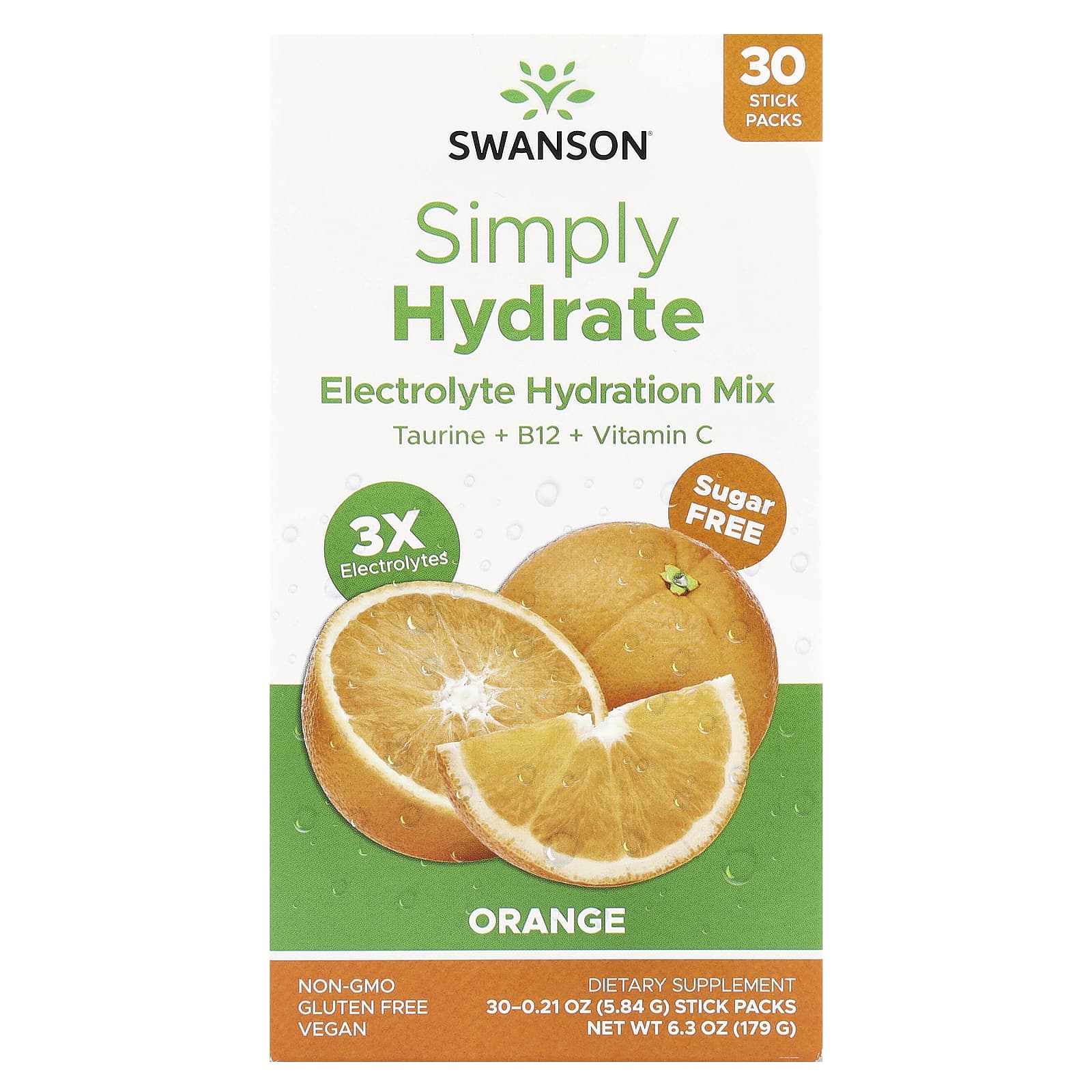 Swanson, Simply Hydrate, смесь для гидратации электролитов, апельсин, 30 пакетиков в стиках по 5,84 г (0,21 унции)