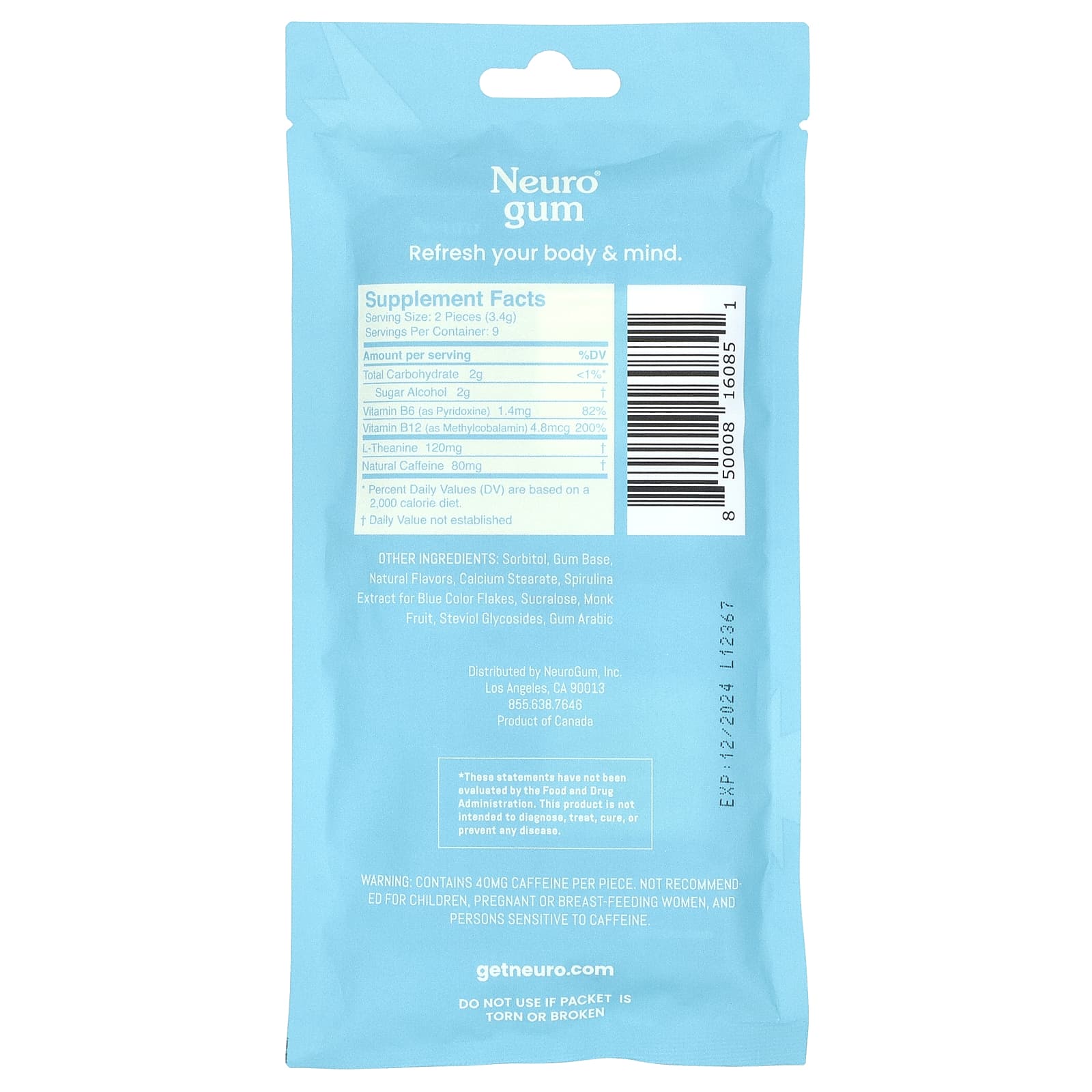 NeuroGum, Energy & Focus, перечная мята, 2 упаковки, по 9 шт.