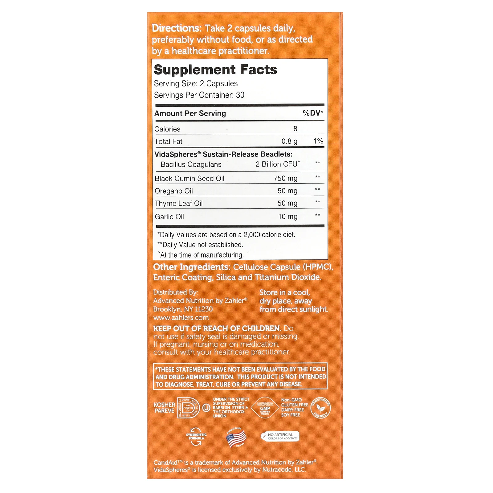 Zahler, CandAid, с пробиотиками, 60 капсул с медленным высвобождением