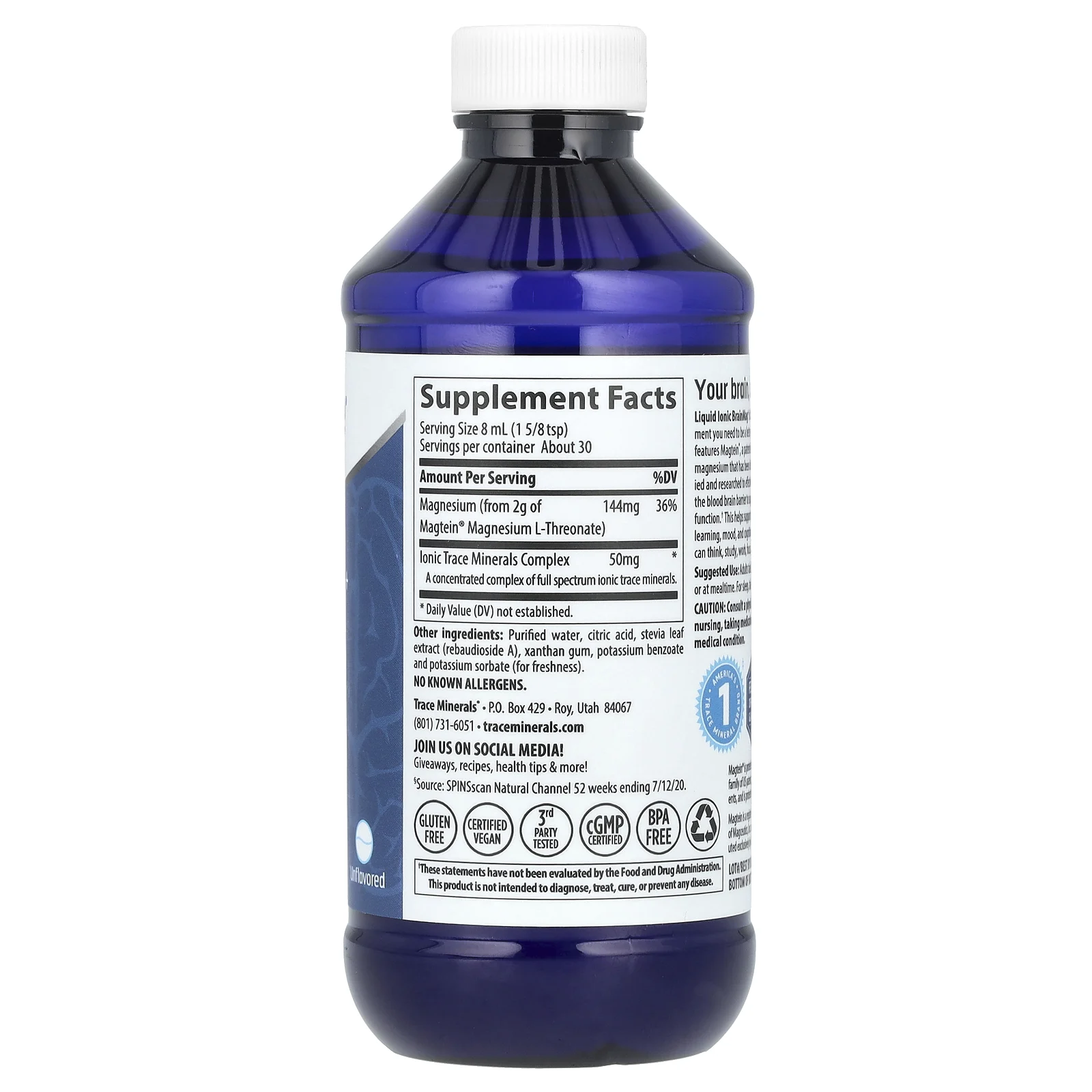 Trace Minerals ®, Жидкий ионный BrainMag +, без добавок, 237 мл (8 жидк. Унций)