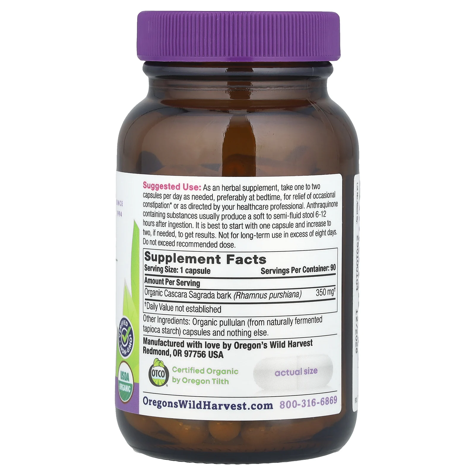 Oregon's Wild Harvest, Organic Cascara Sagrada`` 90 органических веганских капсул