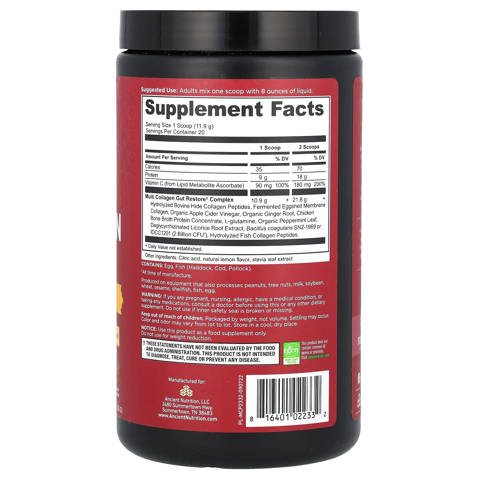 Ancient Nutrition, коллагеновый протеин нескольких типов, со вкусом лимона и имбиря, 238 г (8,4 унции)