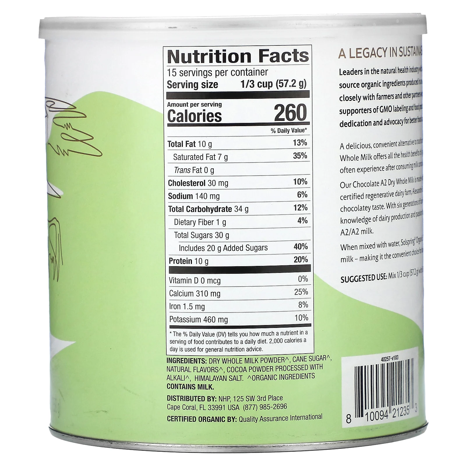 Dr. Mercola, Solspring, органическое сухое цельное молоко A2, со вкусом шоколада, 858 г (30,1 унции)