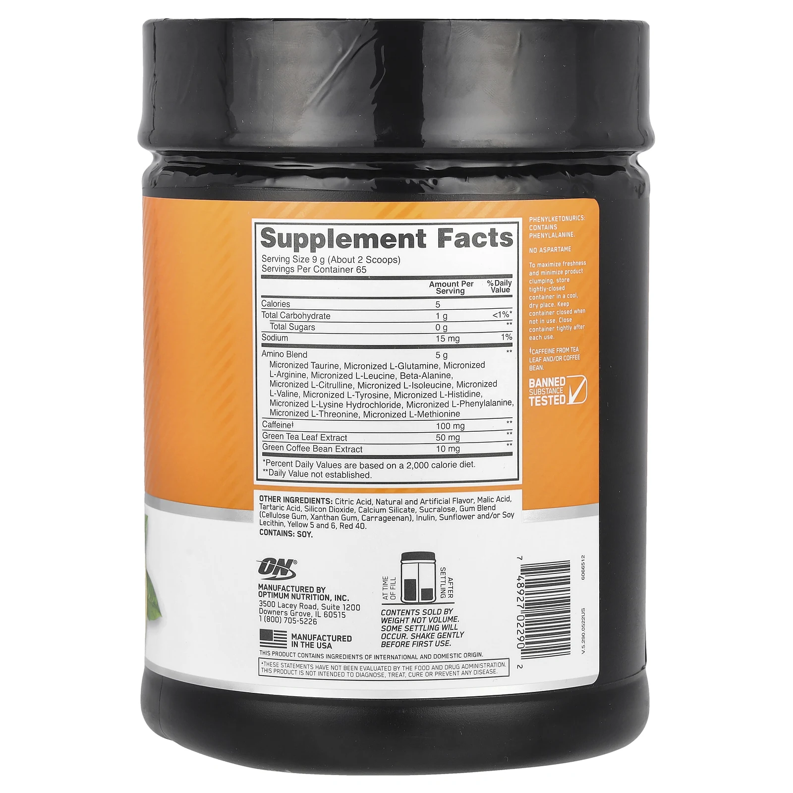 Optimum Nutrition, ESSENTIAL AMIN.O. ENERGY, Orange Cooler, 585 г (1,29 фунта)