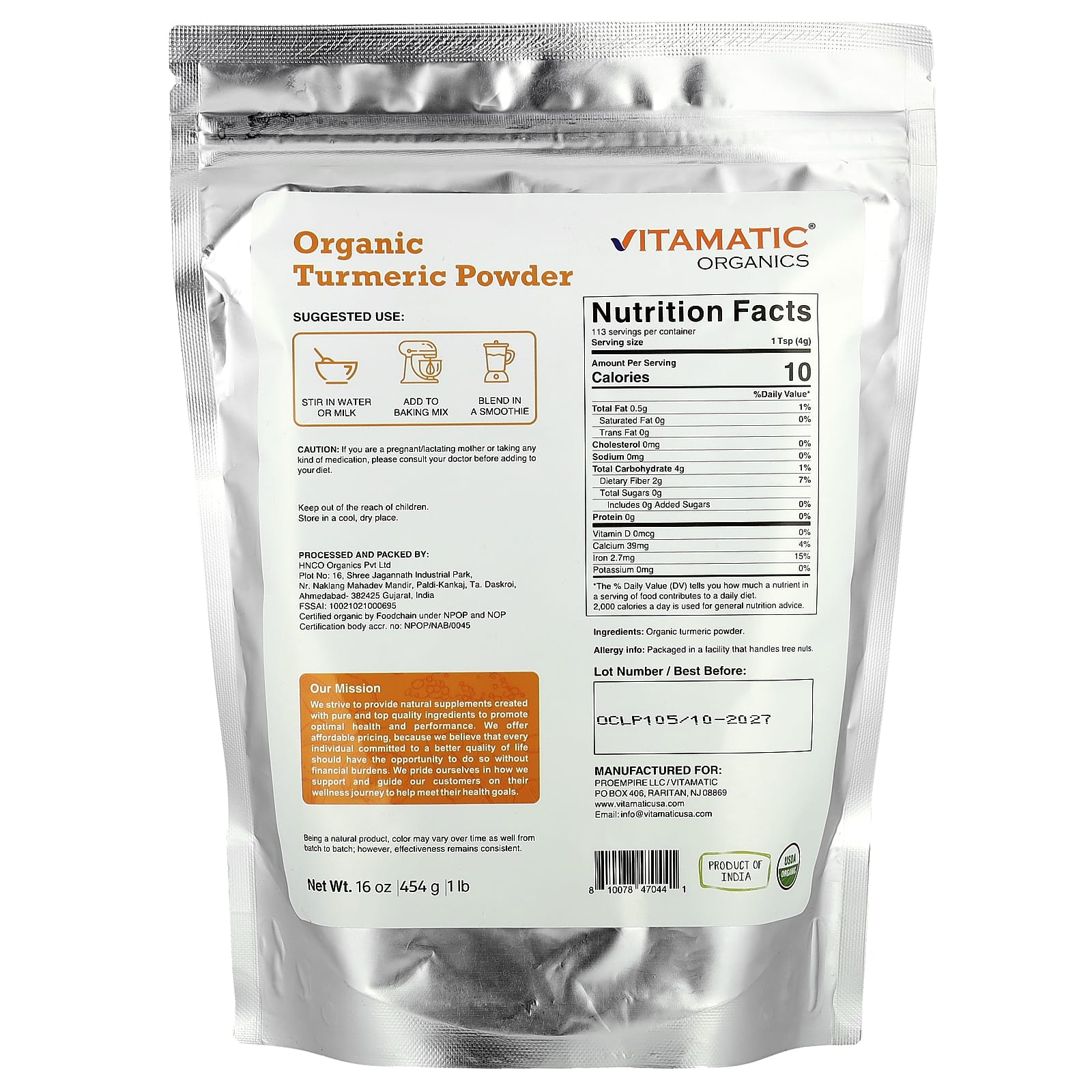 Vitamatic, Органическая куркума в порошке, 454 г (16 унций)