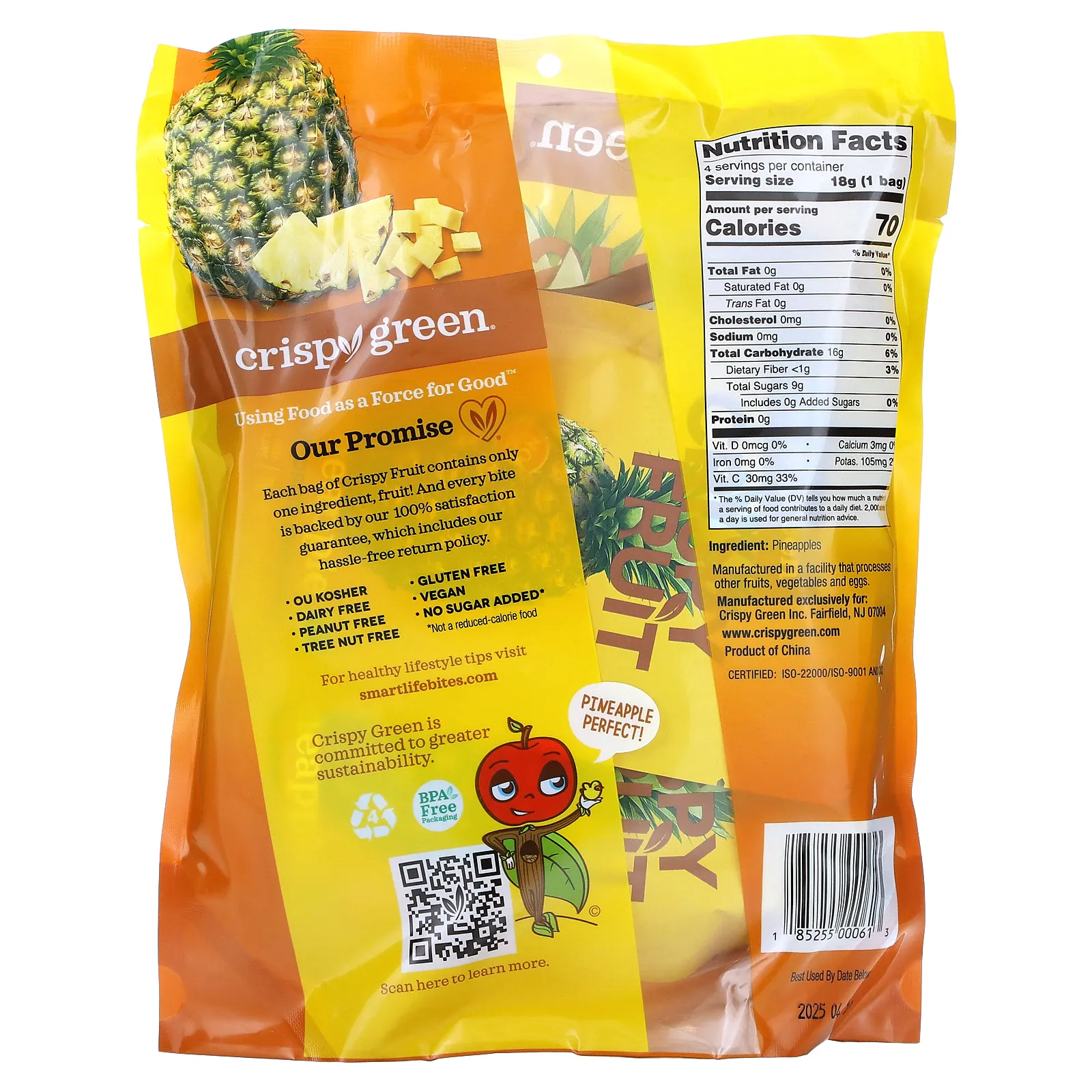 Crispy Green, Crispy Fruit, полностью ананасовый продукт, 4 пакетика по 18 г (0,63 унции)