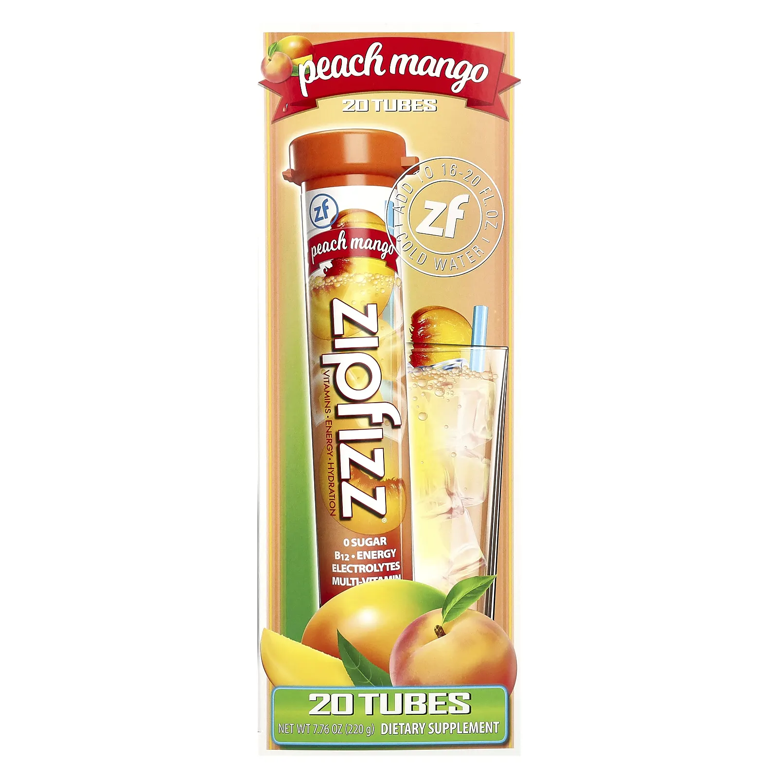 Zipfizz, Энергетическая смесь для здорового спорта с витамином B12, персик и манго, 20 тюбиков по 11 г (0,39 унции)