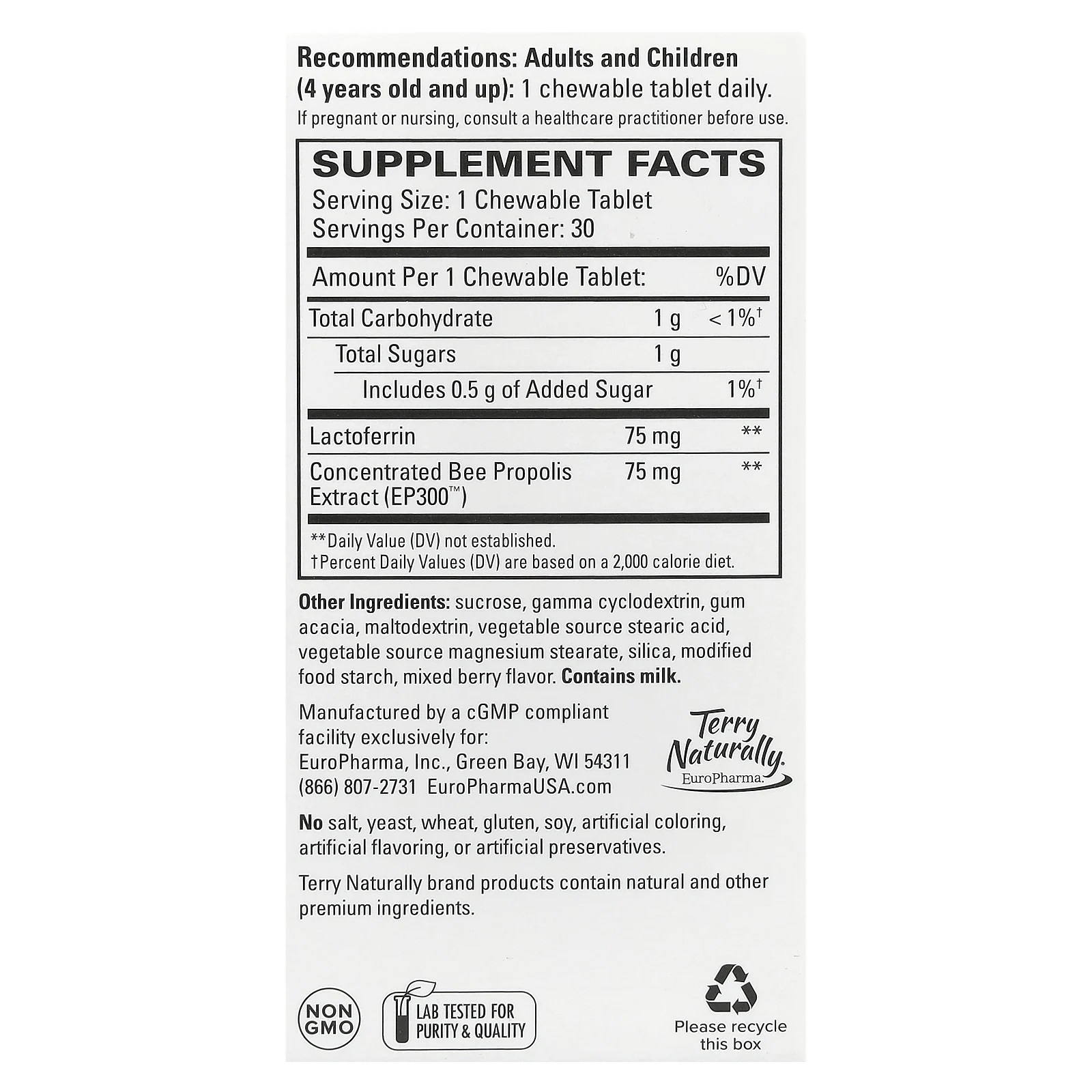 Terry Naturally, Лактоферрин с экстрактом прополиса, ягодное ассорти, 30 жевательных таблеток