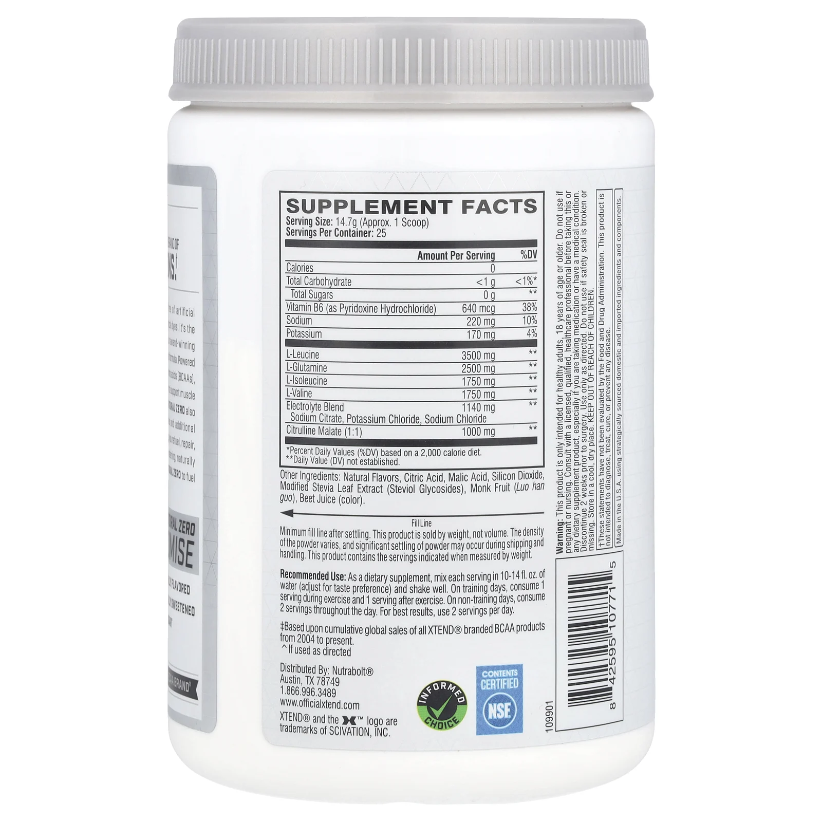 Xtend, The Original, Natural Zero, 7 г аминокислот с разветвленной цепью (BCAA), со вкусом клубники и киви, 367,5 г (13 унций)