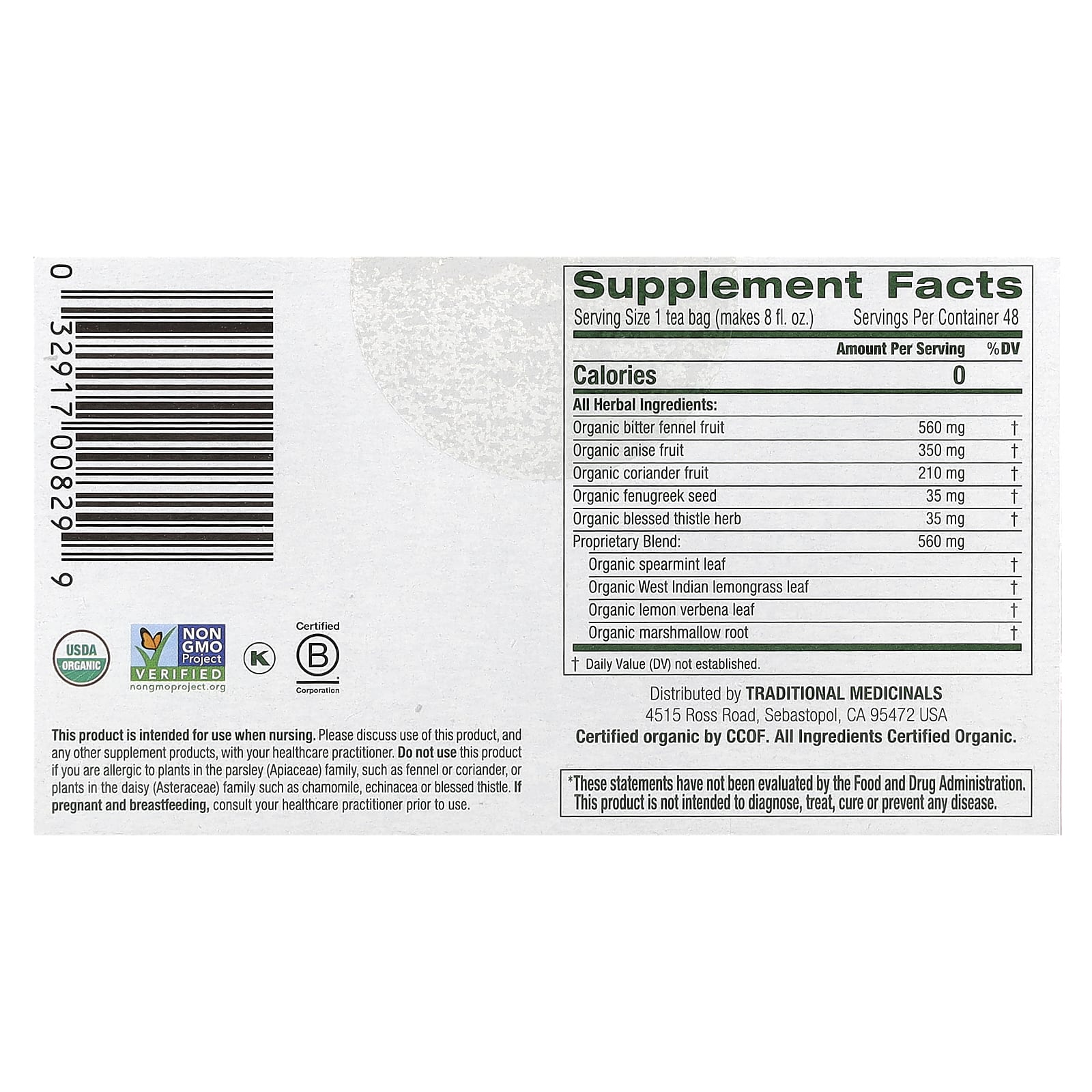 Traditional Medicinals, Organic Mother's Milk®, оригинальный продукт с фенхелем и пажитником, без кофеина, 48 чайных пакетиков в упаковке, 84 г (2,96 унции)