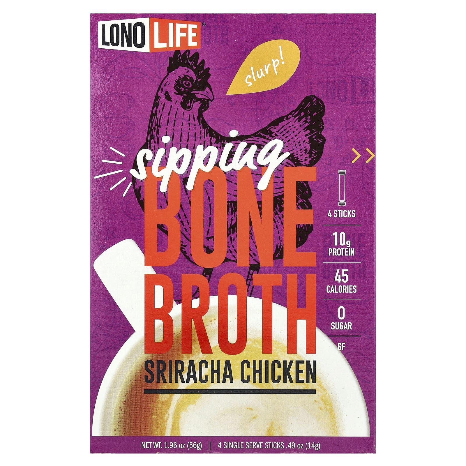 Lonolife, Sipping Bone Broth, курица шрирача, 4 порционные палочки, 14 г (0,49 унции)