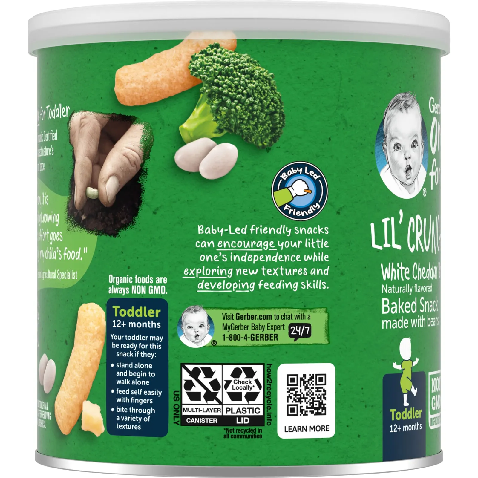 Gerber, Organic Lil 'Crunchies, запеченная с бобами закуска, от 12 месяцев, белый чеддер и брокколи, 45 г (1,59 унции)